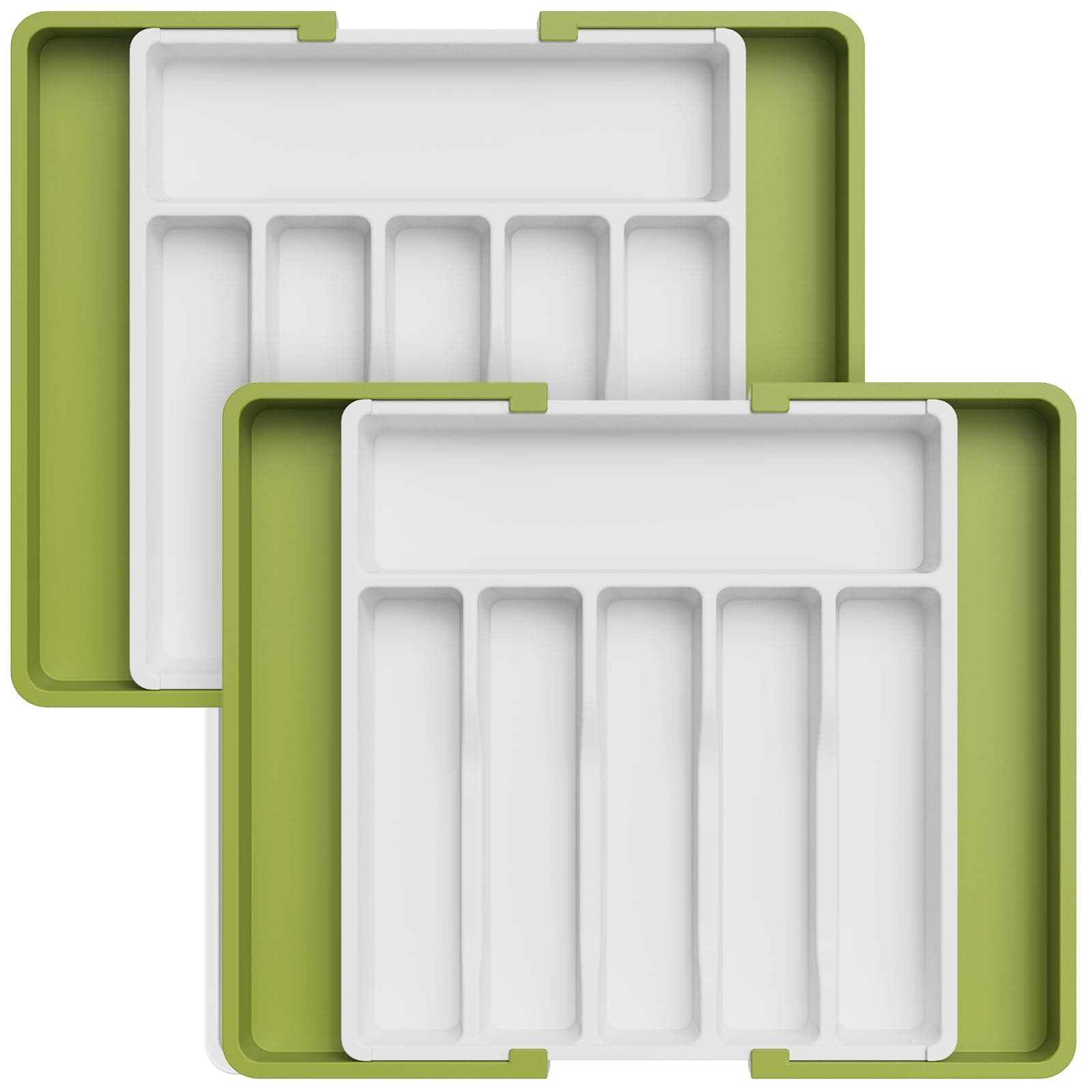Lifewit Silverware Drawer Organizer, Expandable Utensil Tray for Kitchen, BPA Free Flatware and Cutlery Holder, Adjustable Plastic Storage for Spoons Forks Knives, 2 Pack, Green&White