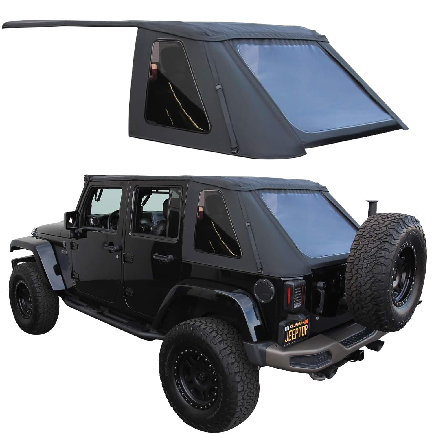 Sierra Offroad Soft Top for 2007 to 2018 Jeep Wrangler JK - Black, Sailcloth Vinyl - 4 Door Jeep Soft Top Frameless, Rear Plastic Tint Windows - Factory Precision Fit Replacement - No Upper Door Skins