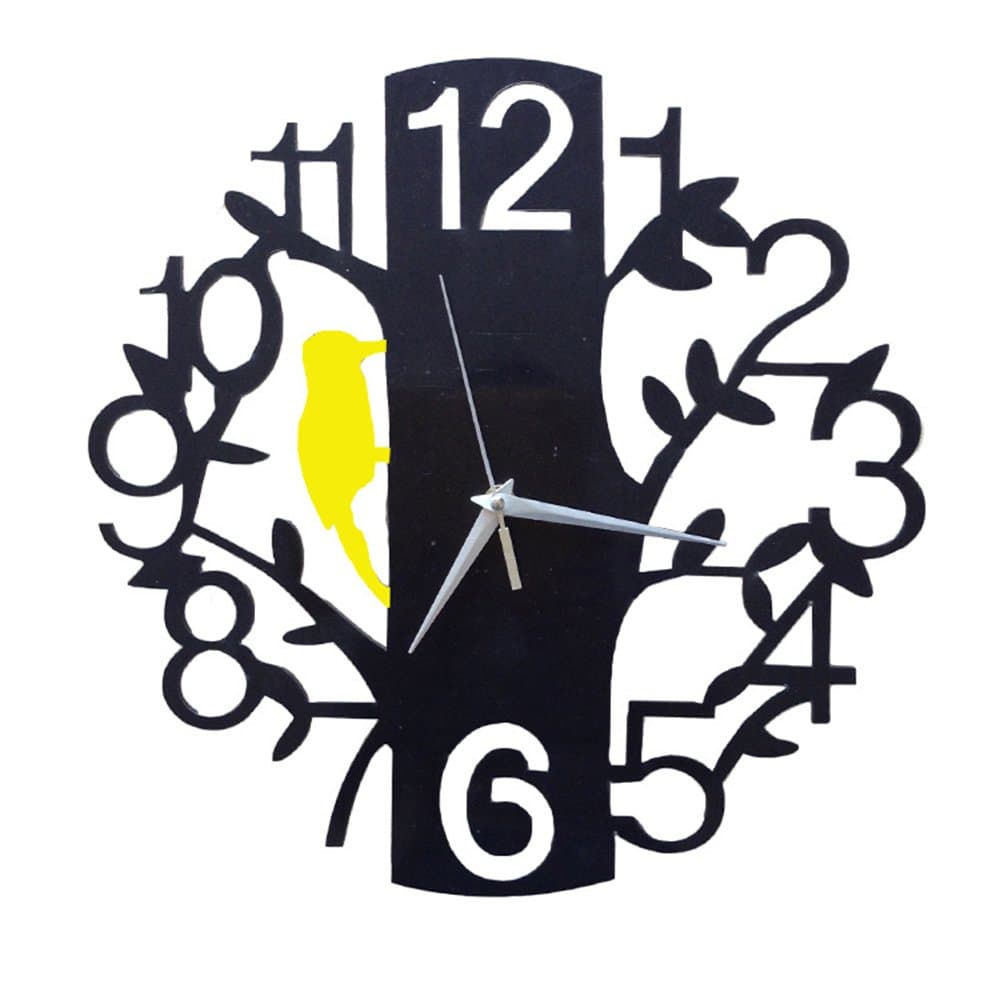 ILYPRO Arylic Glass Mirror Quartz Wall Clock Stylish 14 inch Home Decor Stickers Non Ticking Silent Clock for Office Living Room Bedroom Dining Room, Black Tree, Yellow Bird