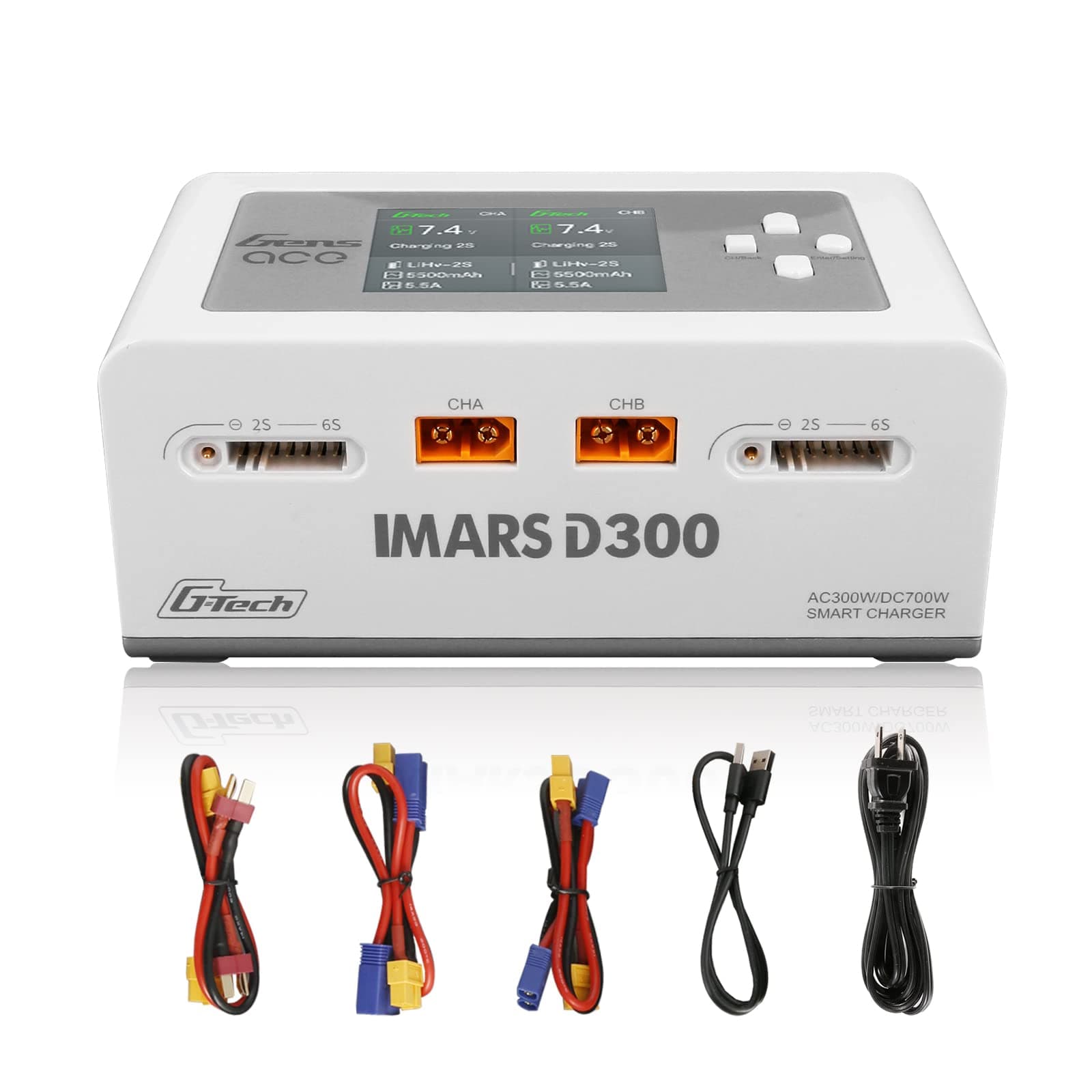 Lipo Battery Charger IMARS D300 G-Tech Series Smart Dual Lipo Charger 16A AC 300W DC 700W Lipo Charge（White）