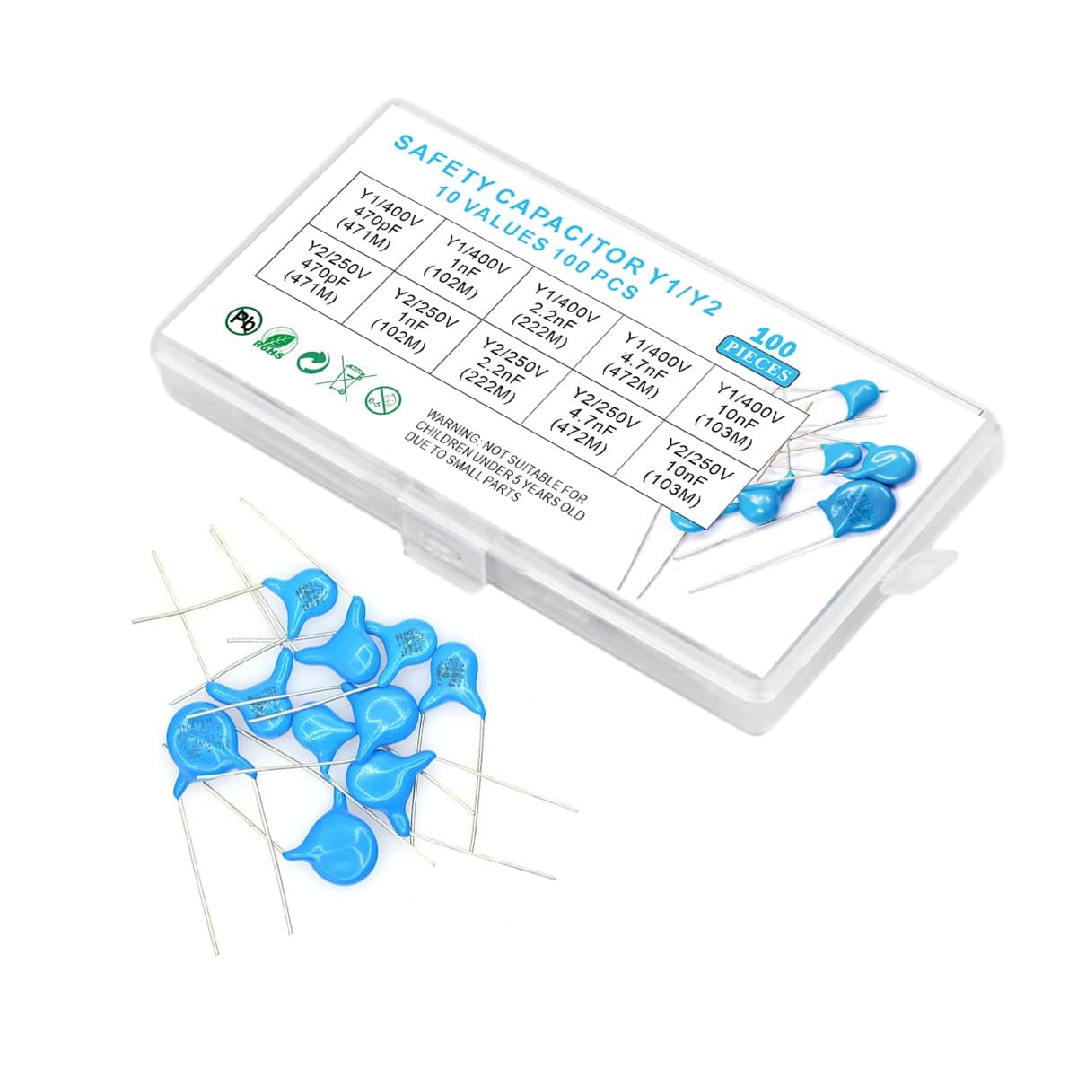 Ceramic Safety Capacitor DIP Y1 400V Y2 250V 10 Values 100 PCS Assorted Kit Assortment(470pF,1nF,2.2nF,4.7nF,10nF)