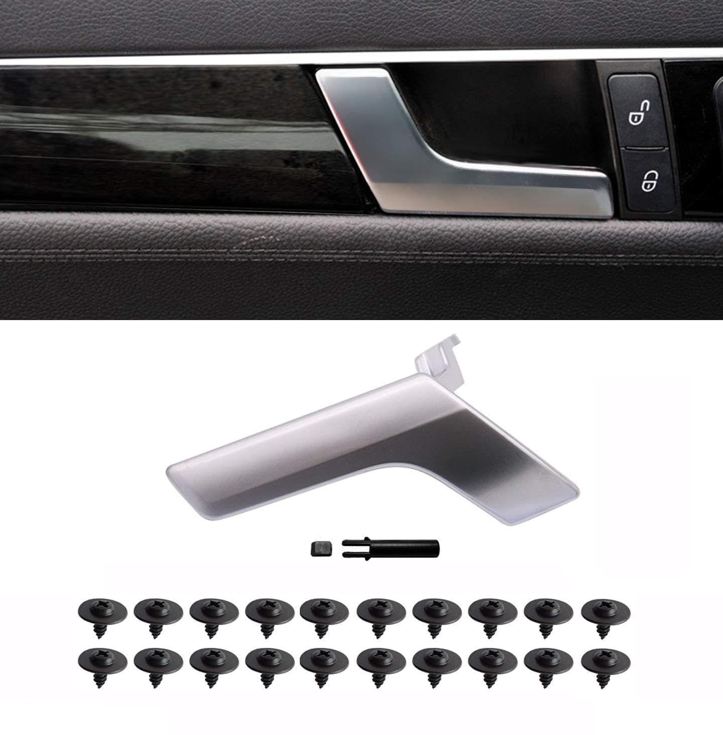 Matte Silver Interior Door Handle Repair Kit Inner Front Driver or Inside Rear Left Side Replacement for Mercedes W204 C250 C300 C63 AMG GLK250 GLK300 GLK350 2047201171 2047201763