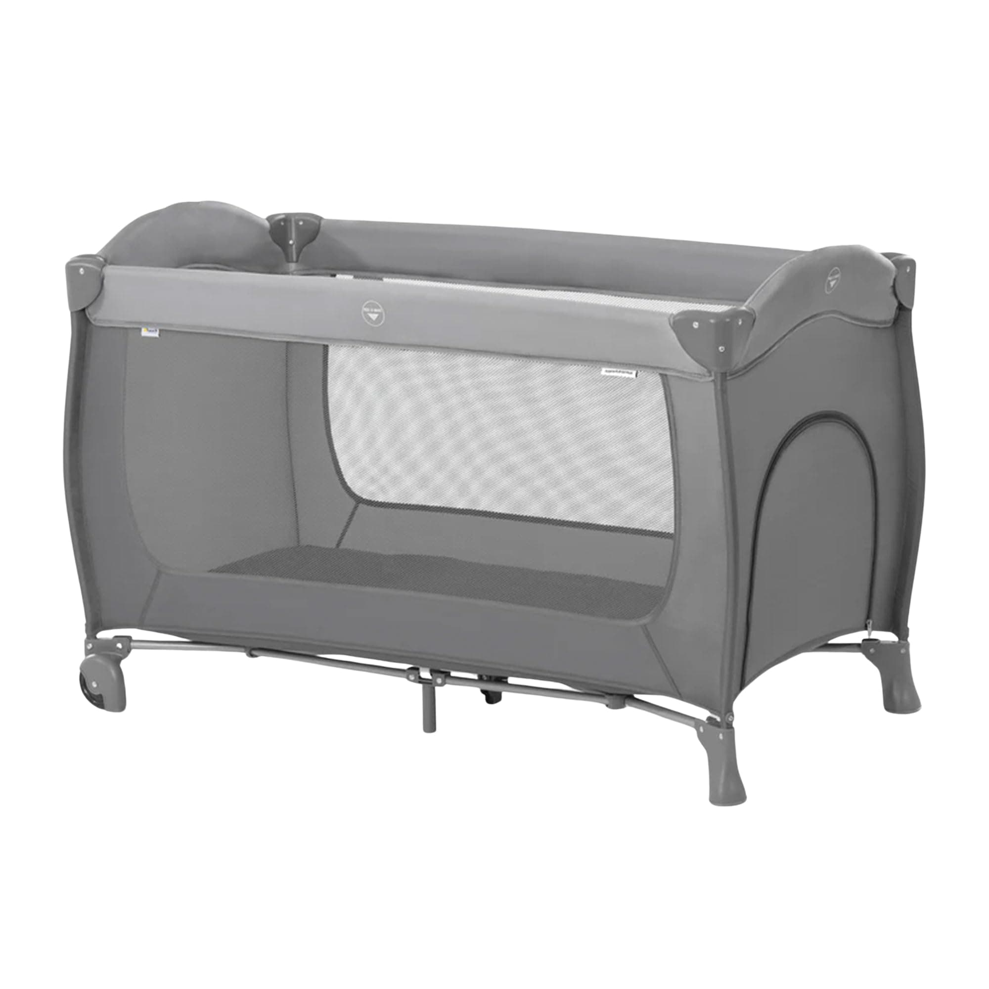 HauckSleep N Play Go Plus 4-Part Travel Cot from Birth to 15 kg, with Side Exit, Wheels, Foldable, Carry Bag (Grey)