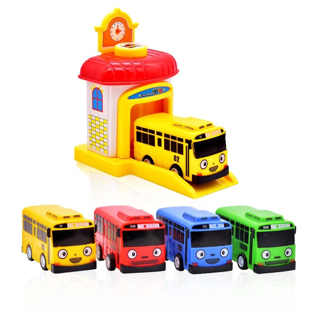 ZEMI 4PCS Pull Back Mini Bus Toy Set,Mini Little Bus TAYO Car Toy Fit,Blue Tayo Red Gani Yellow Lani Green Rogi Bus Car Model,Mini Tayo Rogi Gani Rani