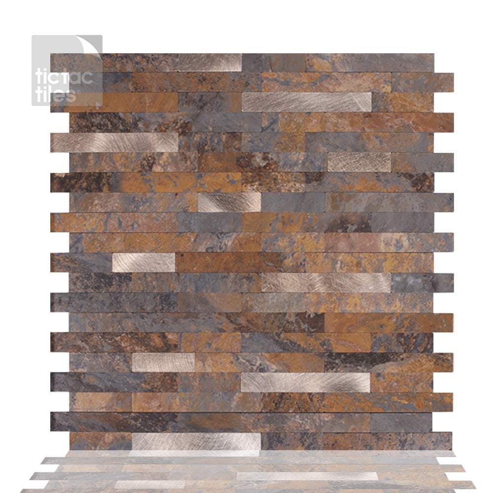 Tic Tac TilesPeel and Stick Self Adhesive Removable Stick On Kitchen Backsplash Bathroom Metallic Tiles (Rustic Brown, 4)