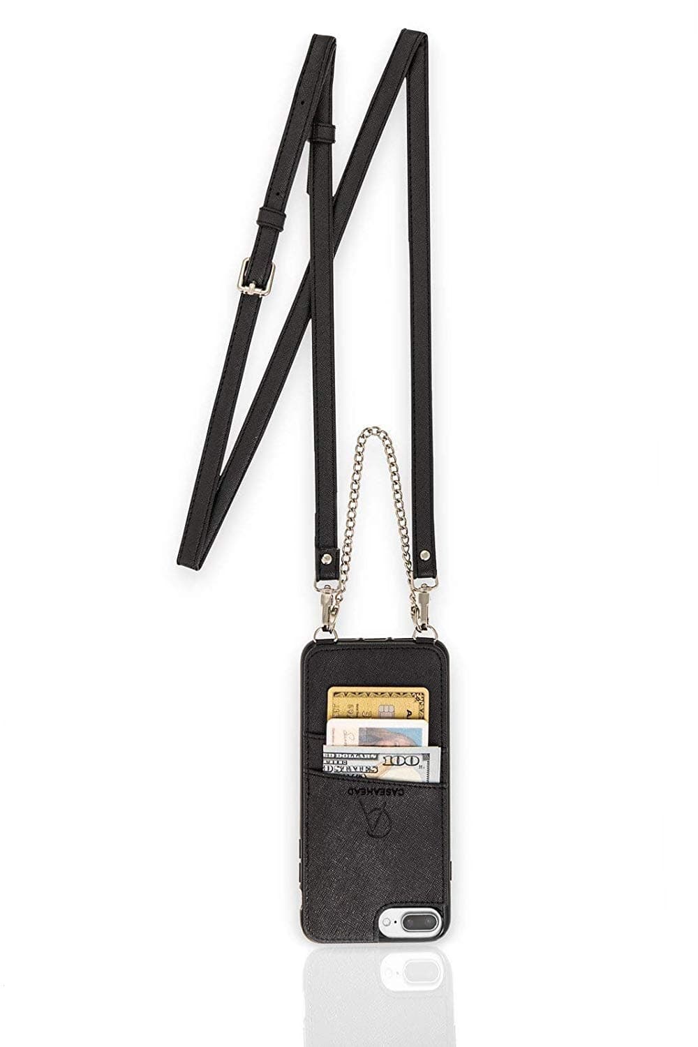 Caseahead Black iPhone 6 Plus, 7 Plus, 8 Plus Cell Phone Wallet Case w/Crossbody Strap & Chain Wristlet - RFID Slots for Money, ID & Credit Cards | Purse Case for Women -Black (6.2"x 3.1")