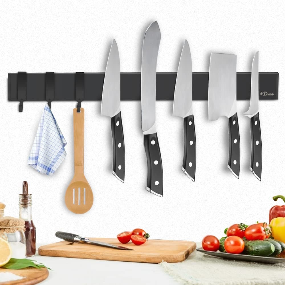 Magnetic Knife Rack with 3 Hooks-Extra Strong Magnetic Knife Holder Made of Stainless Steel, Optional Installation with Self Adhesive 3M Tape or Screws, Black Knife Strip for Knives, 40 cm