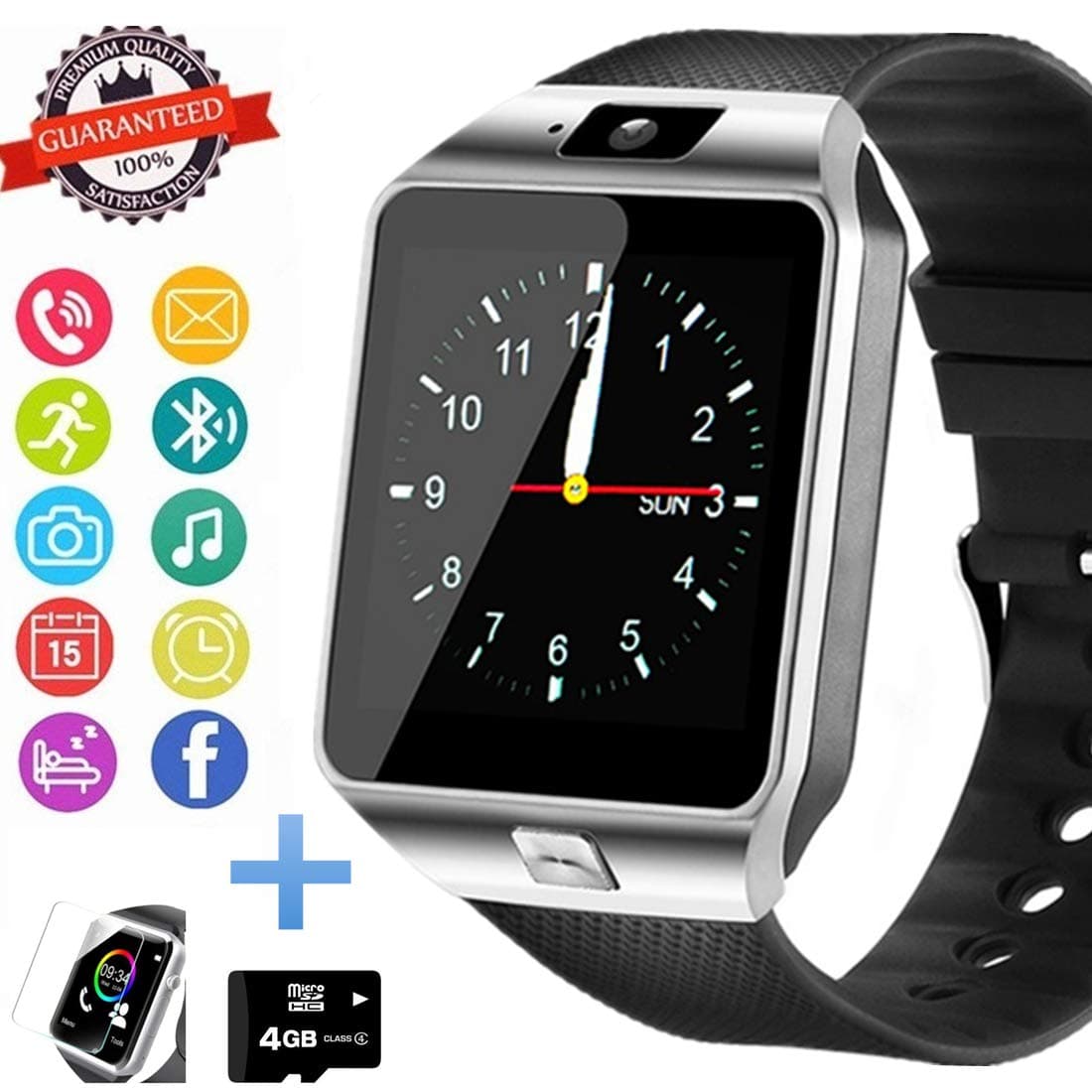 Hocent Smart Watch, Smartwatch with SD Card Camera Pedometer Phone Call Text SNS SMS Sync SIM Card Slot Music Player Alarm Compatible with Android and IPhone (Partial Functions) for Men Women Teens