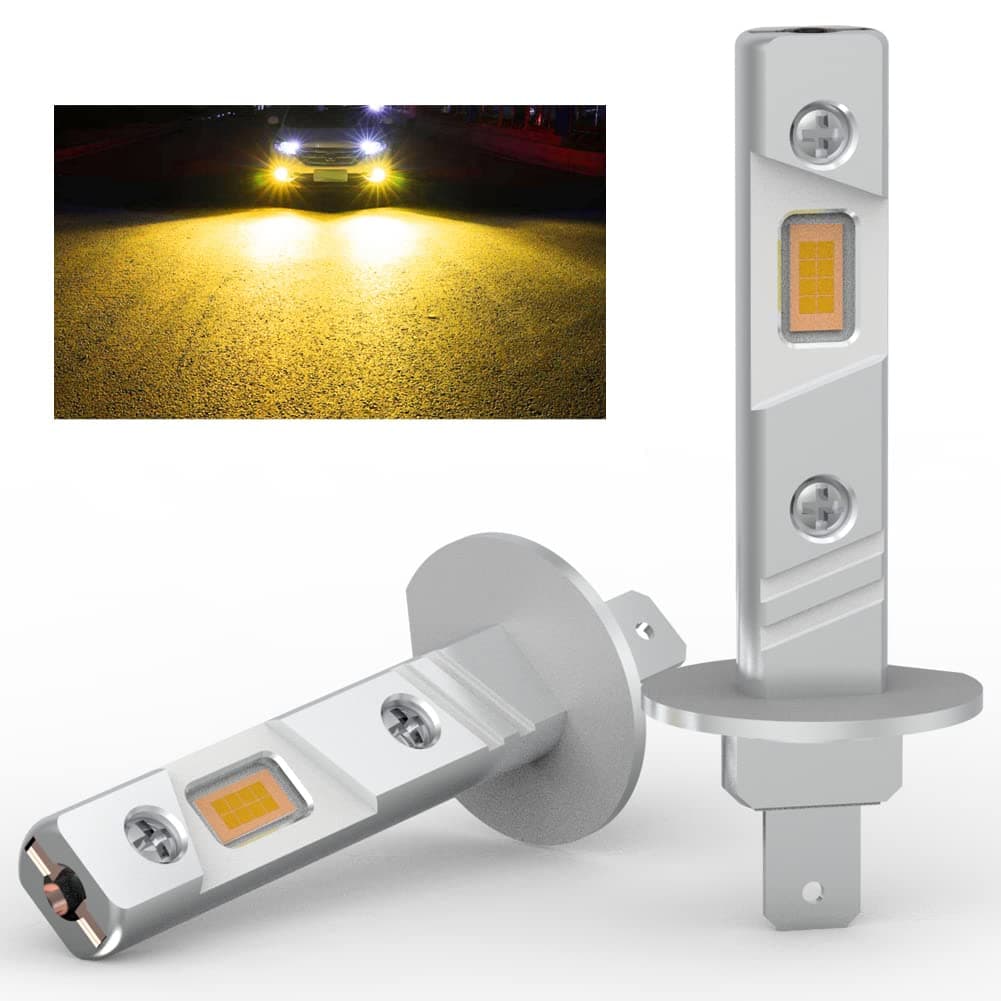 H1 LED Bulb 3000K Yellow Light Fog Lamps 1:1 Mini Size No Adapter Required EMC Fanless Plug and Play 2pcs