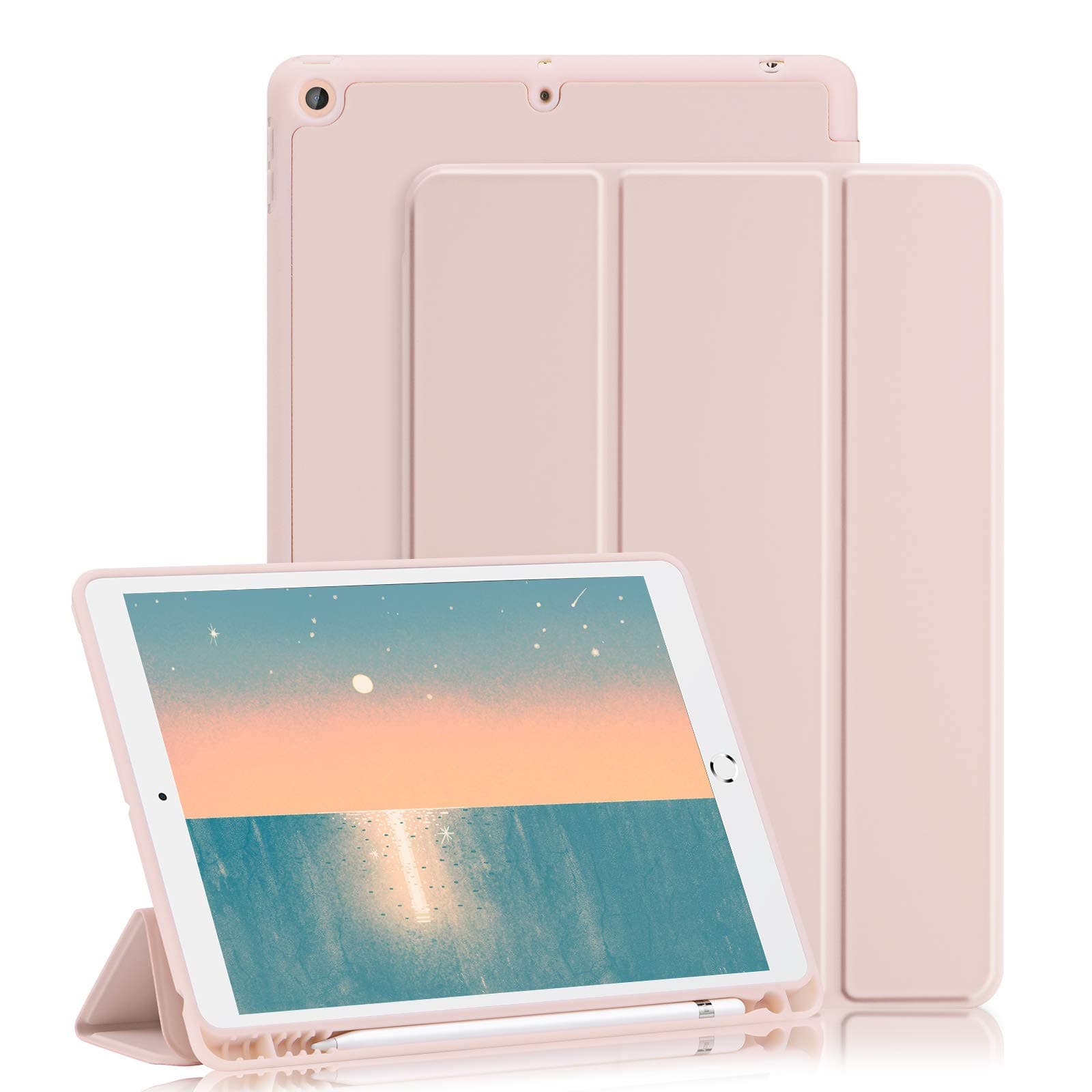 GHINL for iPad 9th/8th/7th Generation Case (2021/2020/2019) iPad 10.2-Inch Case with Pencil Holder [Sleep/Wake] Slim Soft TPU Back Smart Magnetic Stand Protective Cover Cases(Light Pink)