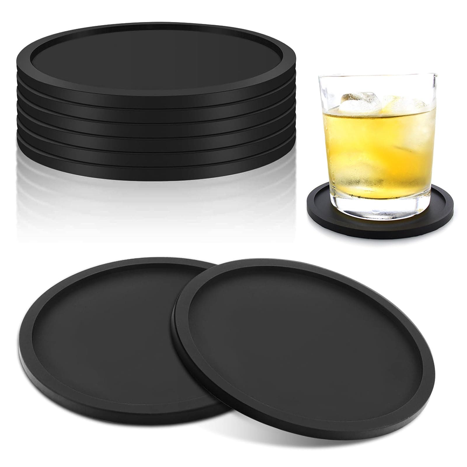 Black Coasters Set of 8 Silicone Coasters Drinks Coffee Mat Beer Bar Mats Round Coaster 8 Pack Pads Table Decor