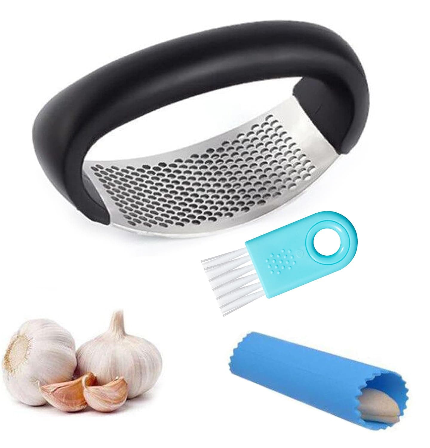 Garlic Press Rocker - Stainless Steel Garlic Crusher, Chopper, Mincer with Silicone Garlic Peeler, Mini Brush Tools For You (Black)