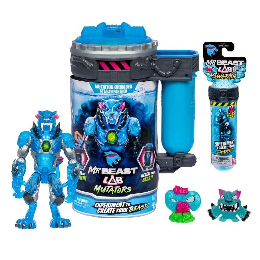 Mr. Beast Lab Mutators 5.5 Inch Collector Mutation Chamber Stealth Panther with 2 Mystery Micro Beasts Swarms Mystery Collectable Figure Gift Bundled Set