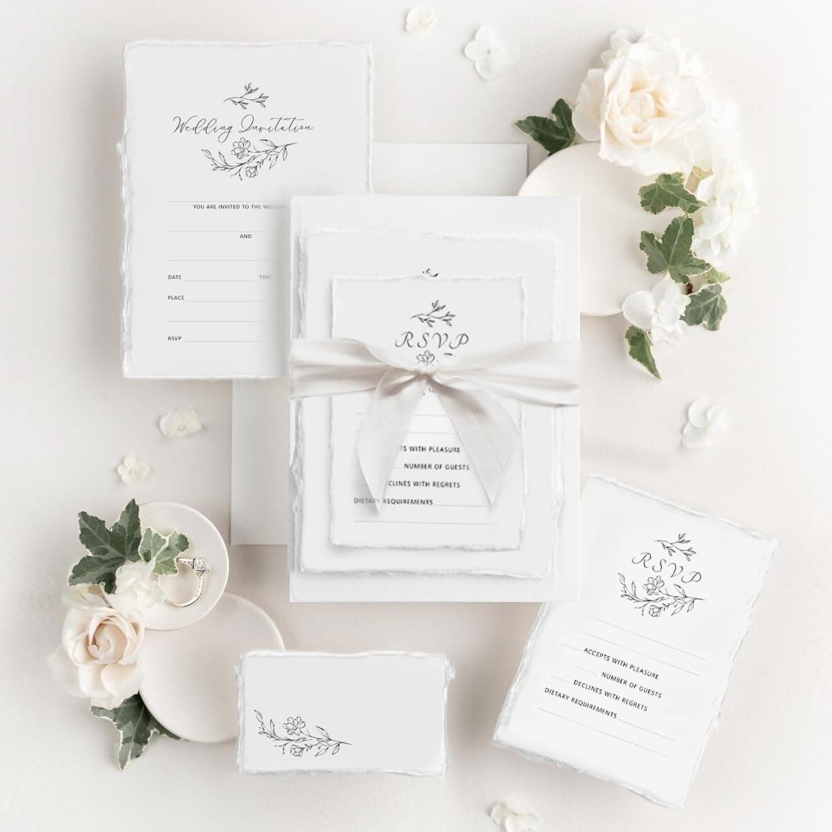 Destavo Set of 10 Wedding Invitations and RSVP Cards with Envelopes Included - 10 Full Sets of Wedding Invitation Sets with White Ribbons - Wedding Invites and RSVP with Envelopes - Total 60 Items