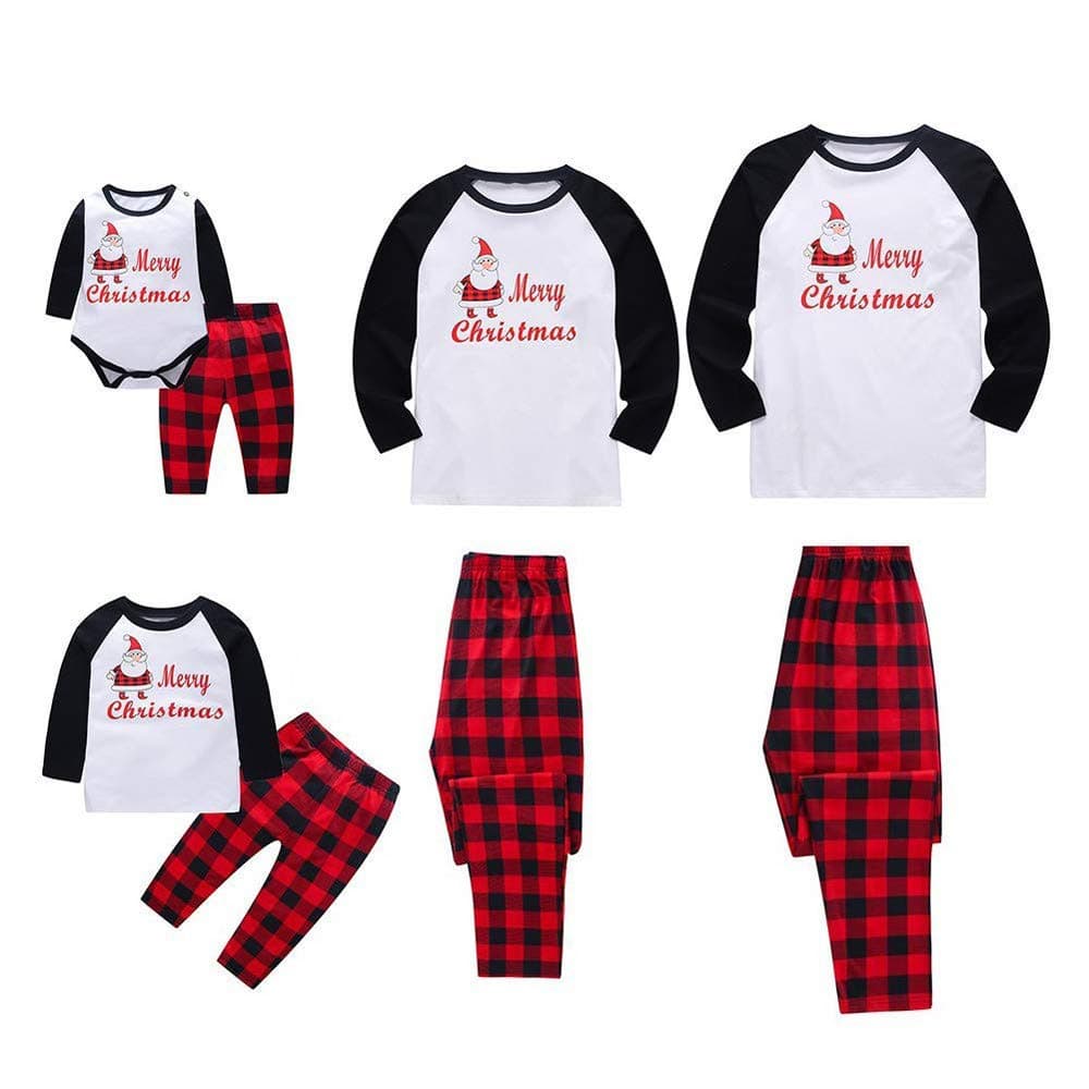 HOOUDO 2Pcs Pajamas Set Family Christmas Outfits Long Sleeve Romper Santa Shirt Plaid Long Pants Winter Xmas Sleepwear for Mom Dad Kids Baby Girls