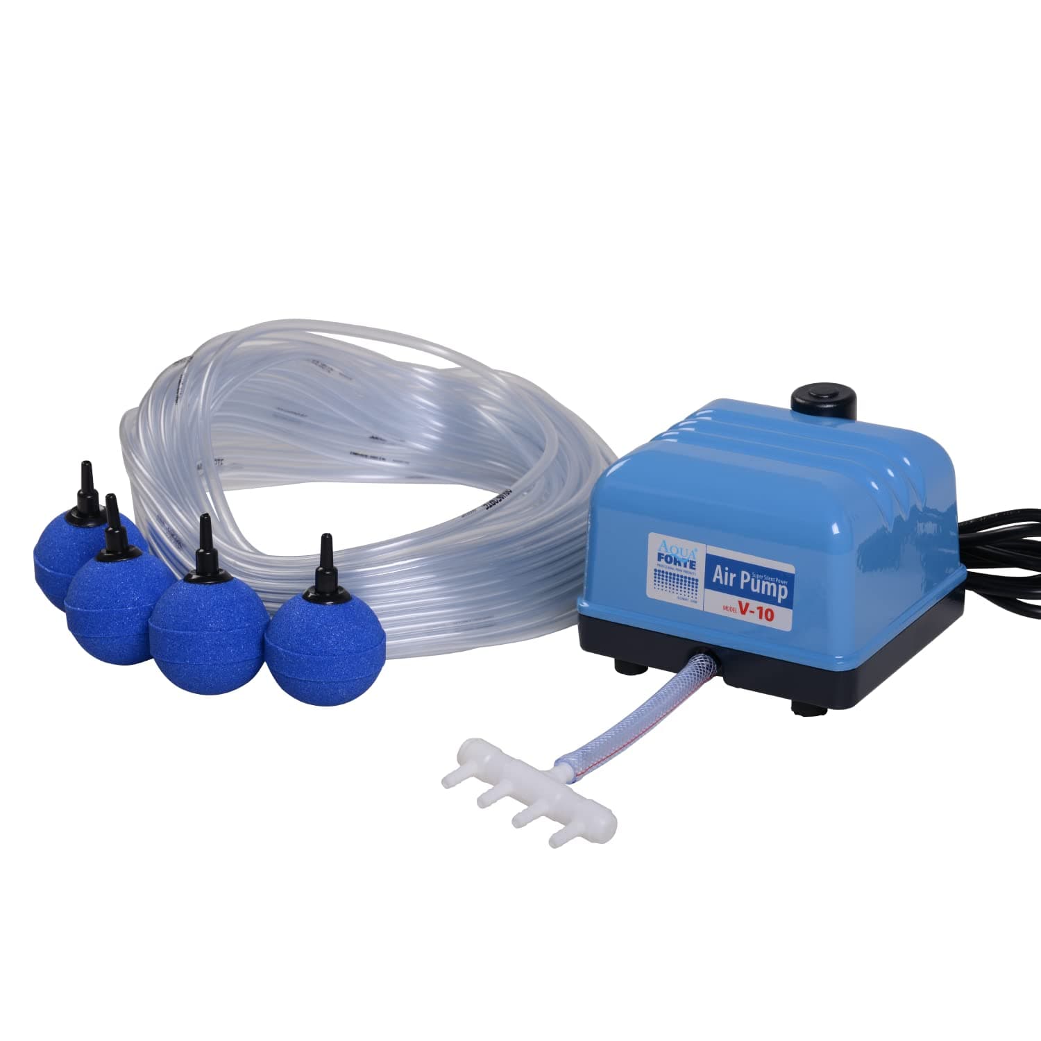 Hi-Flow V-10 Air Pump Kit, Complete Kit with Air Distributors, 25 m Hose 4 x 6 mm and 4 Air Stones 5 cm, Capacity at 1.2 Metres, 4 Litres per Minute, Maximum Pond 6 m3