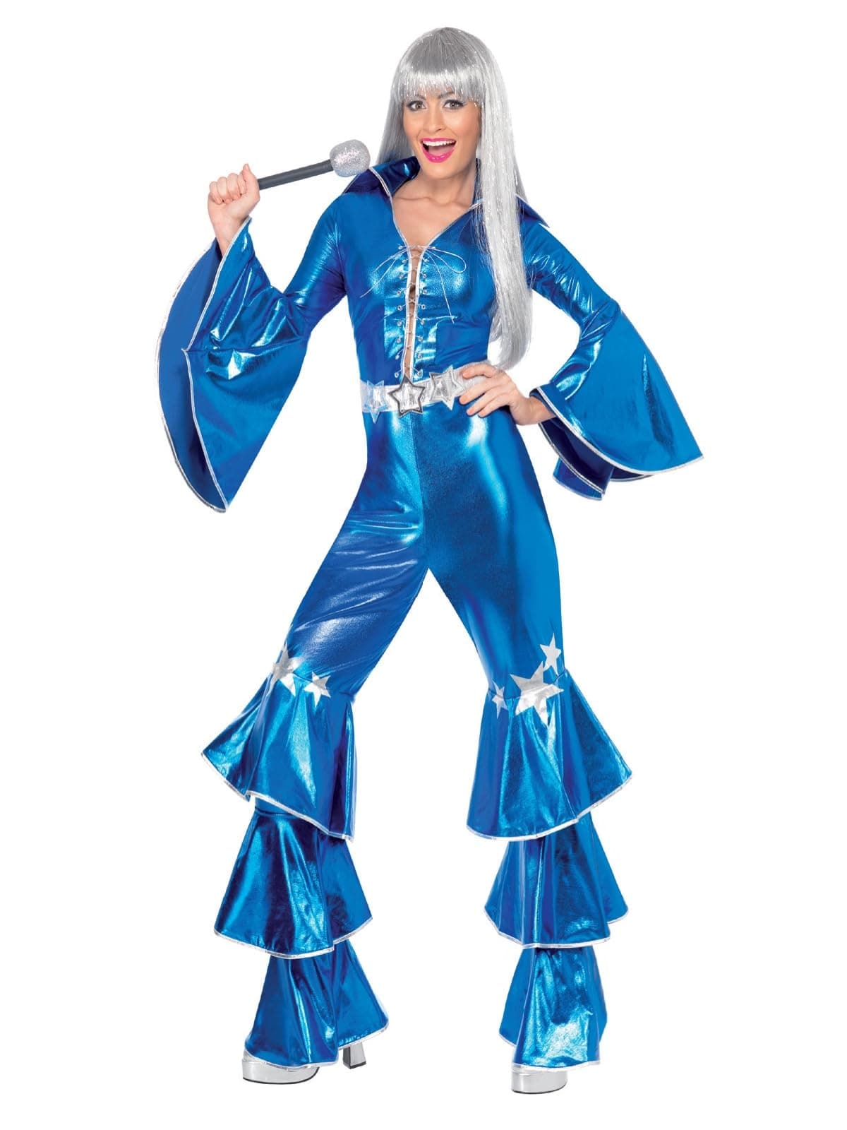 Smiffys 70s Dancing Dream Costume, Blue with Lace Up Jumpsuit, 1970's Disco Fancy Dress, Adult Dress Up Costumes