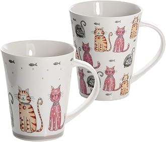 SPOTTED DOG GIFT COMPANY Cat Coffee Mugs, Animal Mugs Set of 2, Cute Ceramic Porcelain China Tea and Coffee Cups, Cat Gifts for Girls Women Men & Kids - 360ml / 12.2oz (2pcs, Happy Cats)