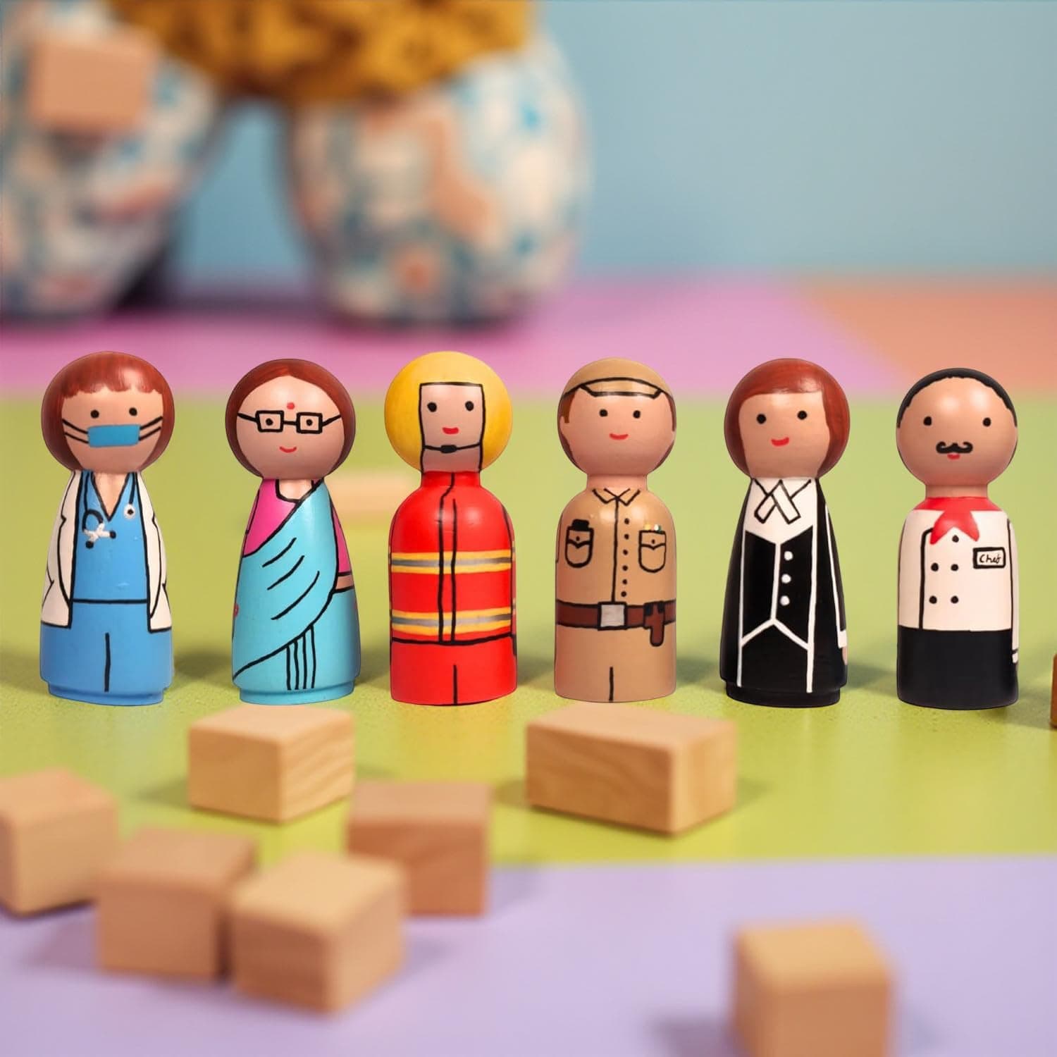 Peg Dolls Wooden Essential Workers/Community Helpers Pretend Play Figurines for Kids & Toddlers (2 Years+) - Pack of 6 pcs 6 Professions - Open Ended Toys