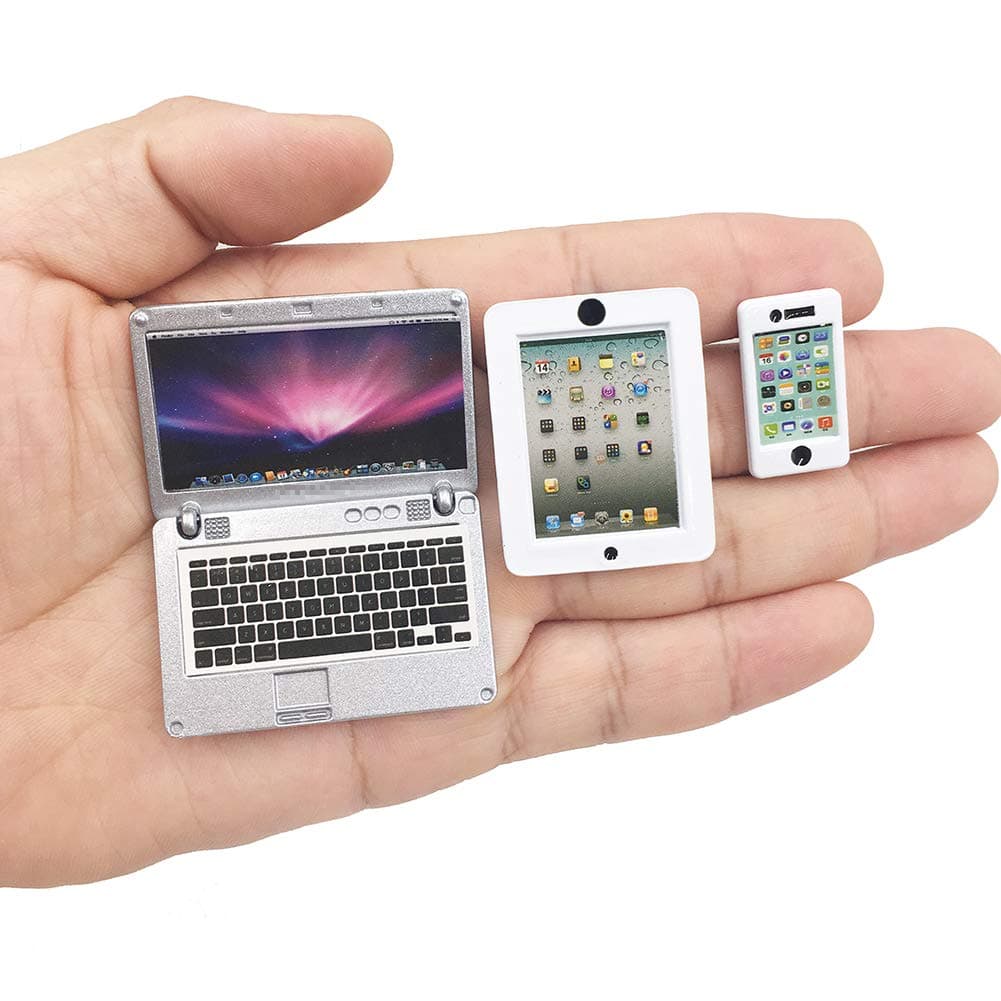 3 Pack Dollhouse Mini Laptop Tablet and Smart Phone Scene Computer Simulation Accessories for Doll 1/6 1/12 Miniatures Silver