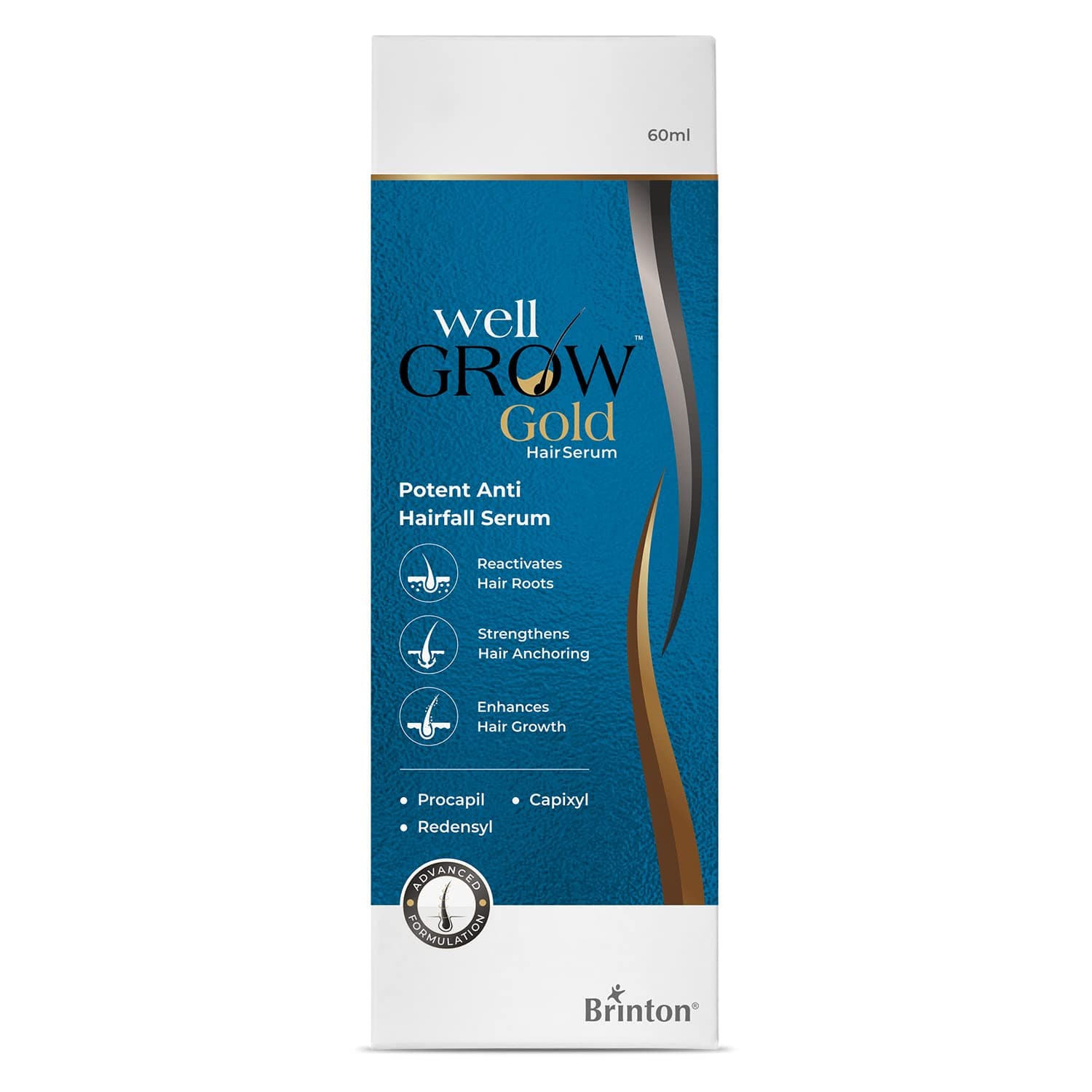 Brinton WellGrow Gold Hair Serum with 3% Redensyl, 5% Capixyl & 2% Procapil | Lightweight, Non-Greasy Formula | Supports Hair Regrowth, Control Hair Fall | For Men & Women | 60 ml