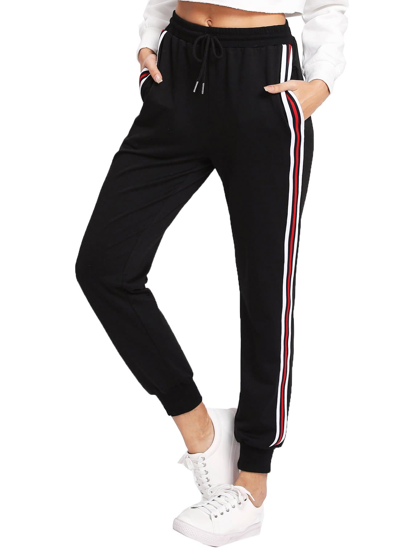 SweatyRocks Women's Drawstring Waist Striped Side Jogger Sweatpants with Pockets, Black#06, Small