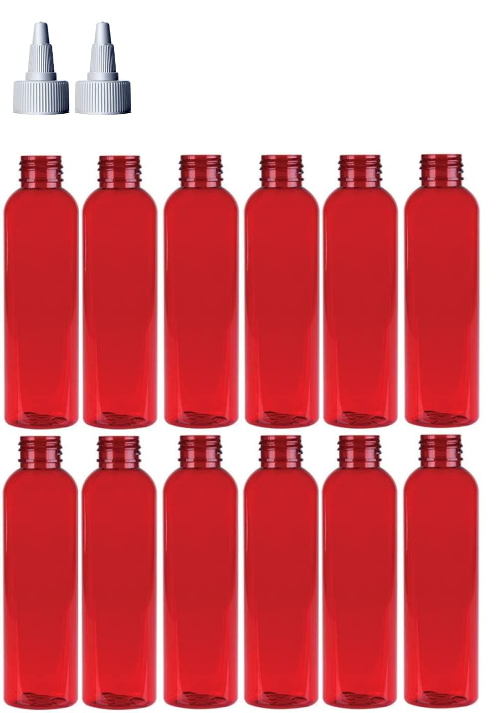 4 Ounce Cosmo Round Bottles, PET Plastic Empty Refillable BPA-Free, with White Twist Top Caps (Pack of 12) (Red)