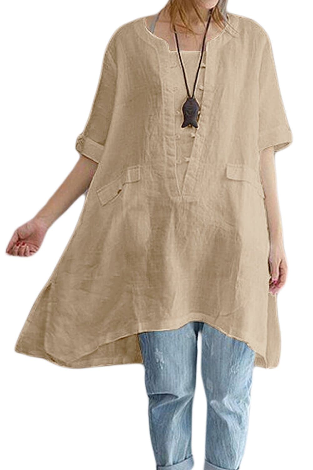 Women Plus Size Tops Summer Cotton Blouses with Pockets