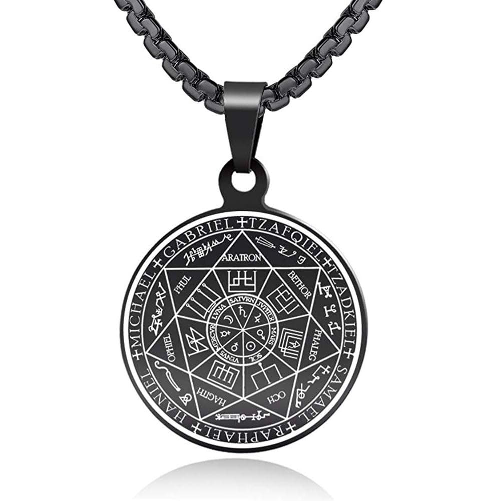 The Seal of The Seven Archangels Amulet Pendant Necklaces Gabriel Uriel Jewelry Gift Witch Pagan Jewelry (Black)