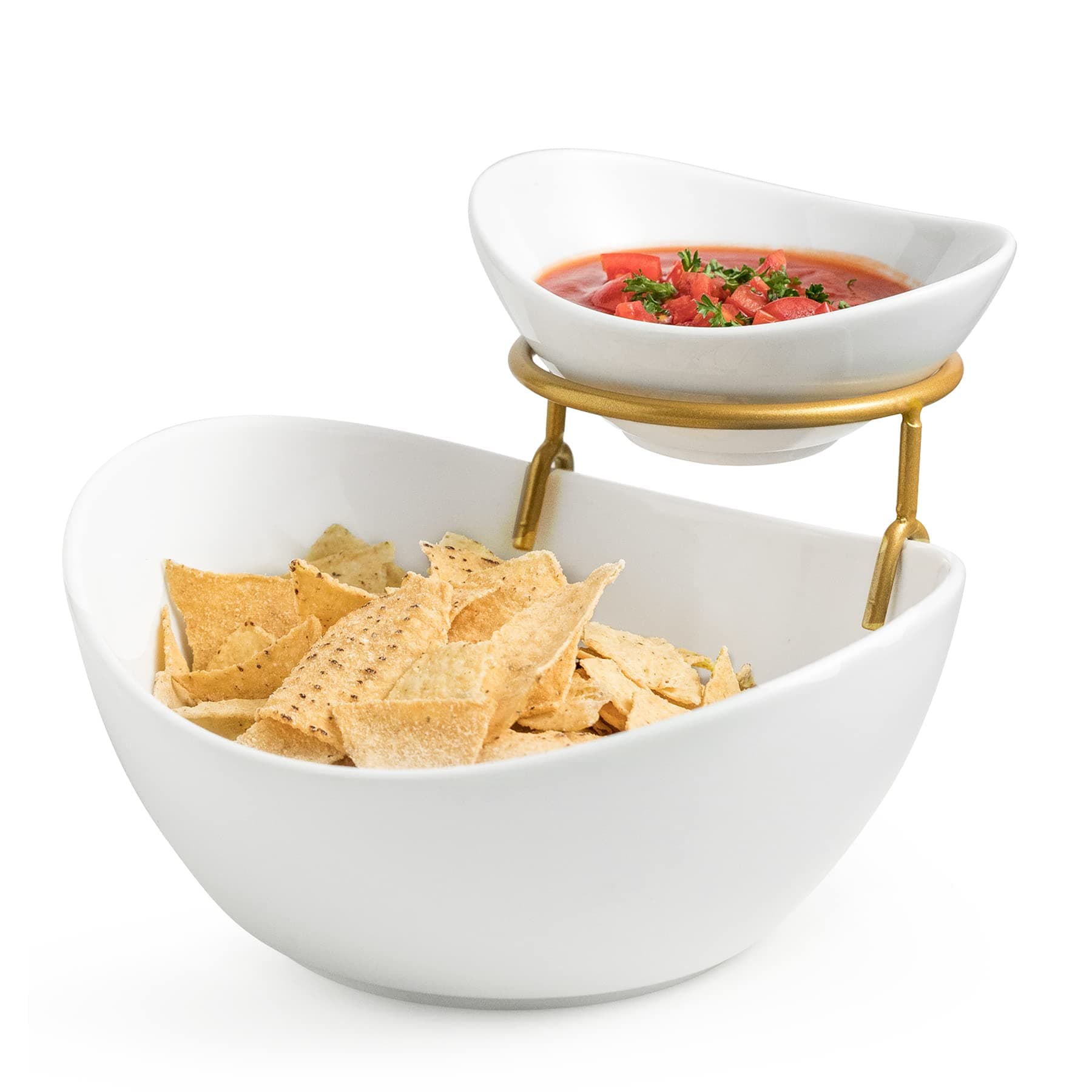 Porcelain Serving Bowl Set for Appetizer Serving Dishes Set with 2 Compartment, Chip and Dip Taco Rack Display Salad Bar Serving Set, Gold Stand