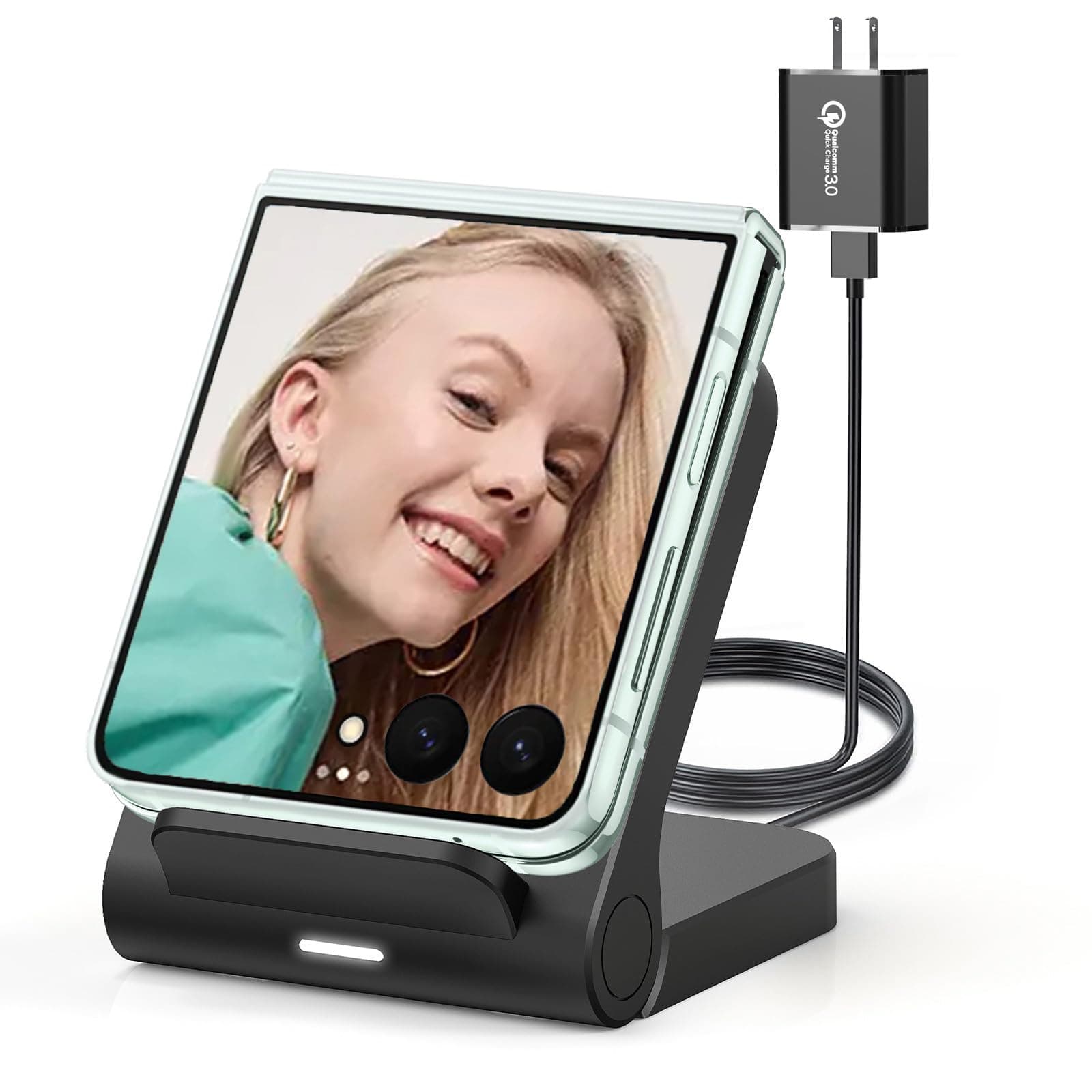 Wireless Charger for Samsung Galaxy Z Flip, 15W Fast Wireless Charging Stand, Compatible with Z Flip 7/6/5/4, for Motorola Razr/Razr+/Razr Ultra 2025, Non-Fold (QC3.0 Adapter Included) Black