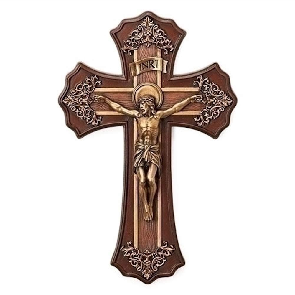10.25 Victorian Style Oak and Antique Gold Finish Crucifix Wall Cross