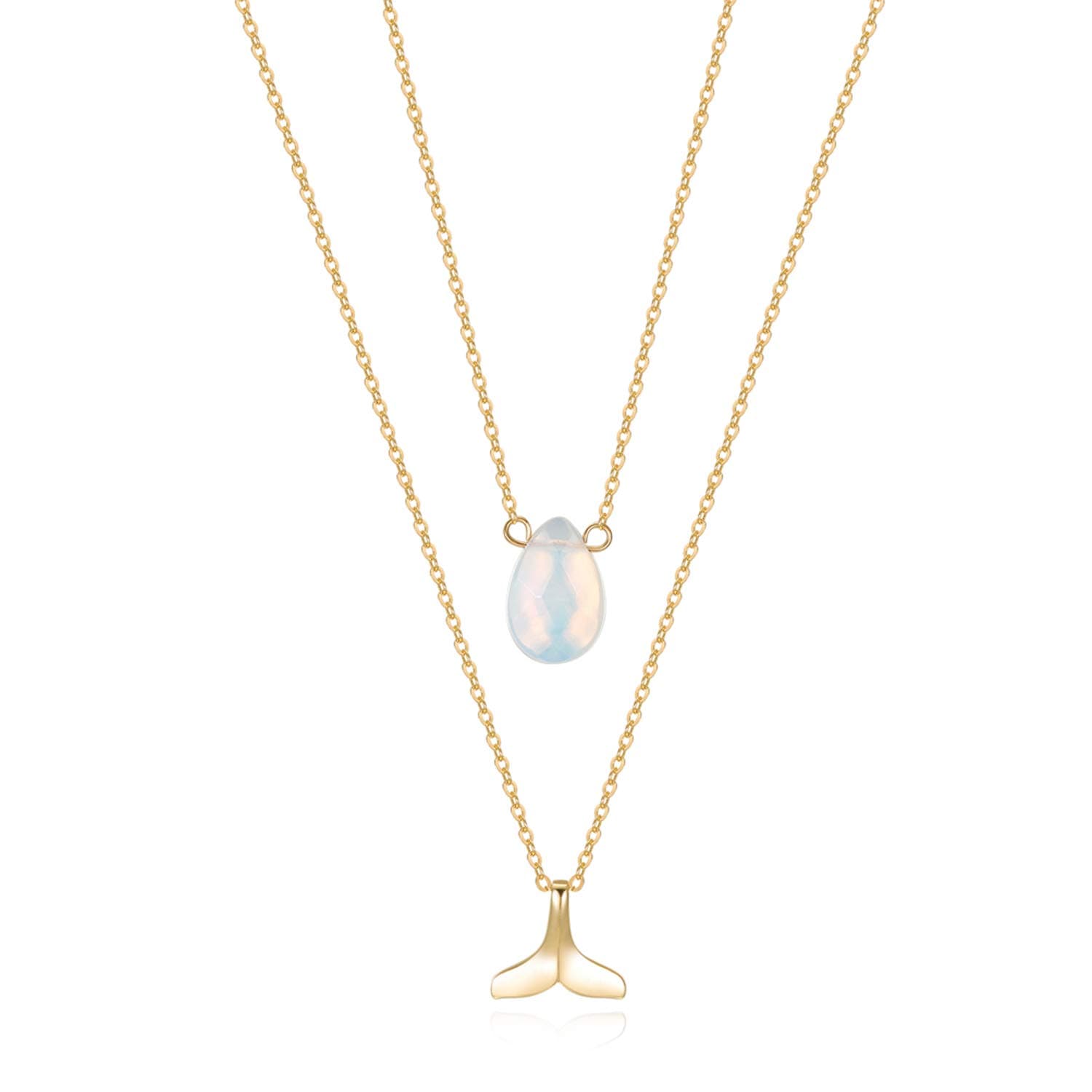 Mermaid Tail Necklace for Women Handmade 14k Gold Fill Fishtail Dainty Layered Pendant Moonstone Necklace Mermaid Jewelry