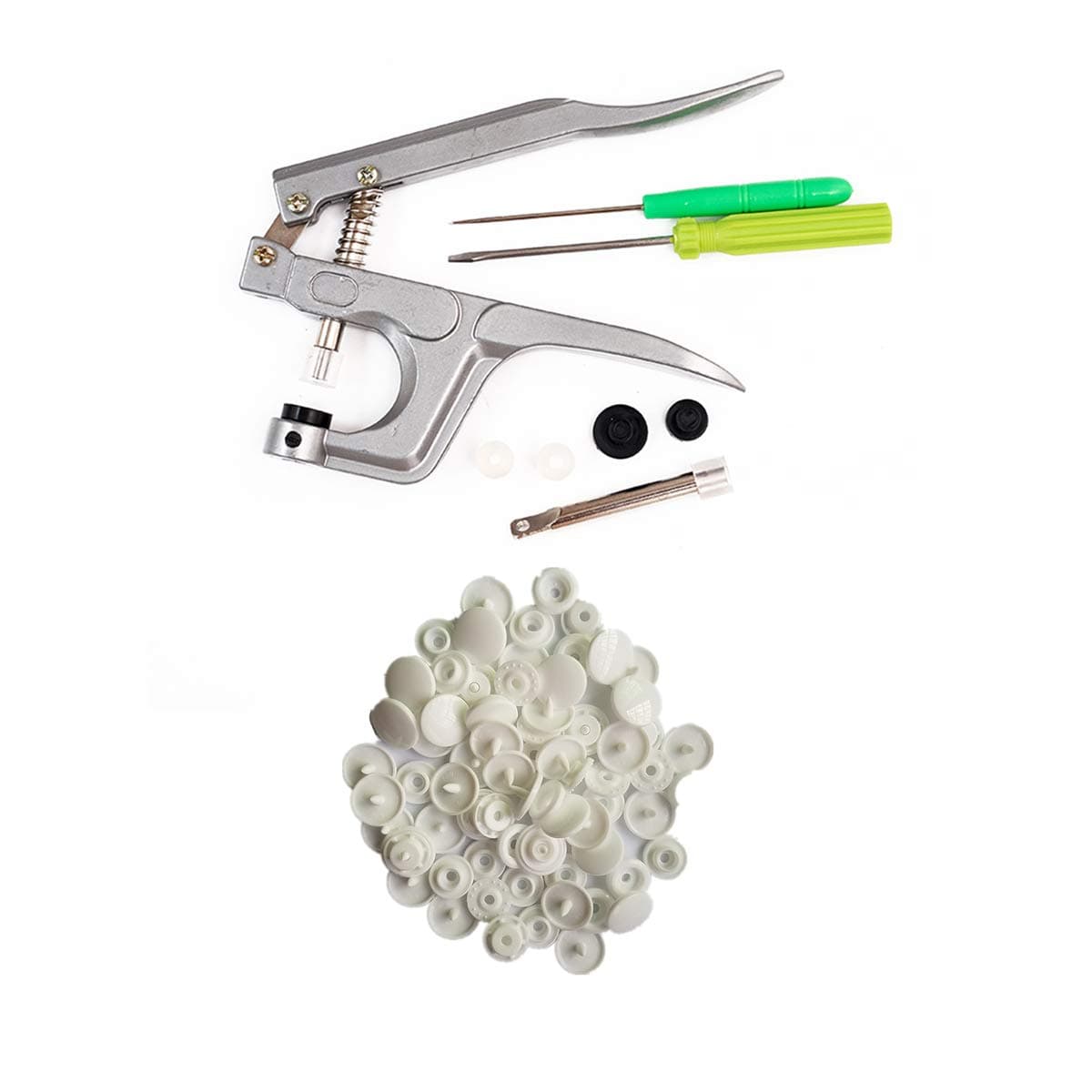 100 Complete White Plastic Snaps Hand-held Pliers Tool Installs Size 20, 22, 24 T5 No-Sew Button Fastener Press Attacher Punch for Snaps
