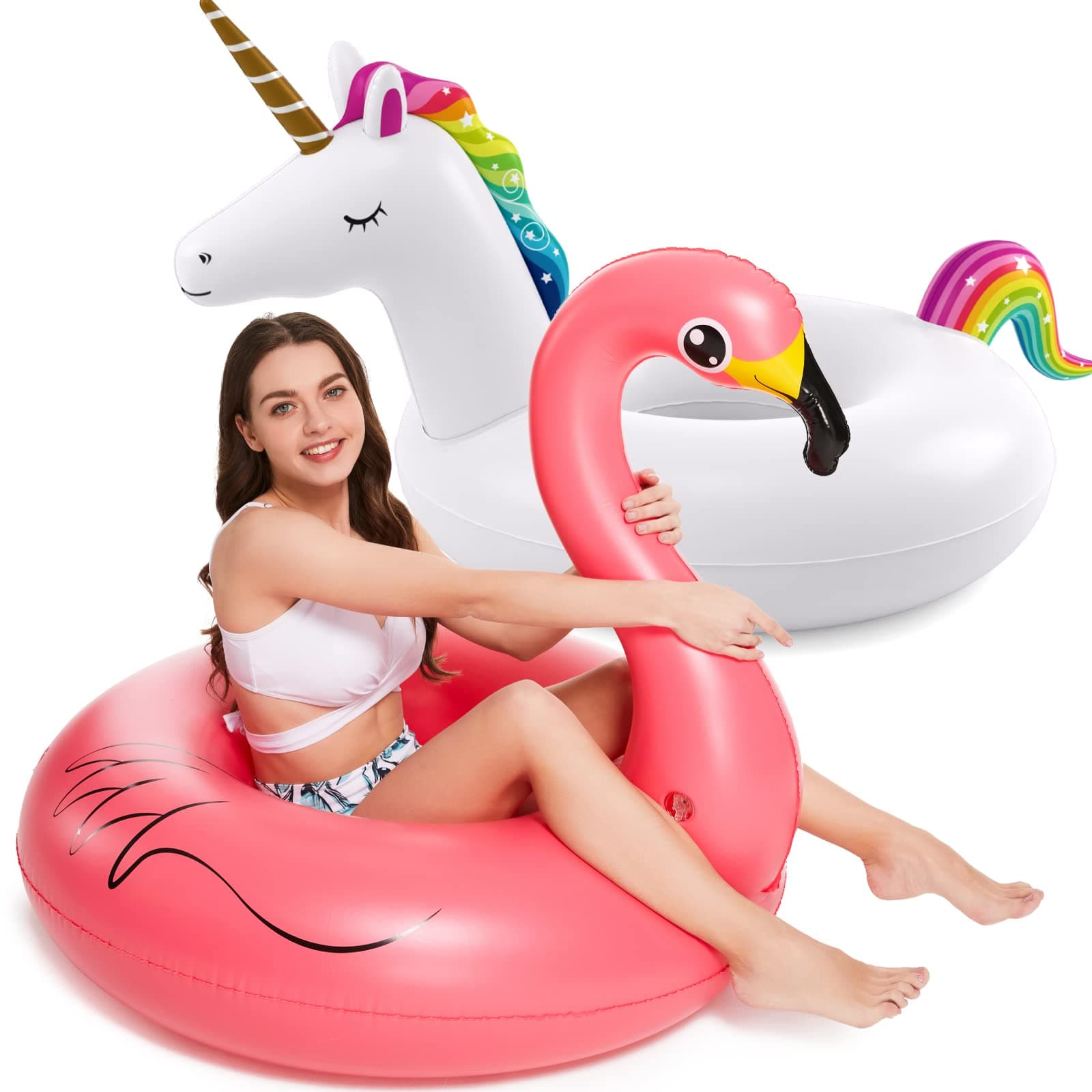 Jasonwell Inflatable Unicorn Flamingo Pool Floats - 2 Pack Pool Floaties Inflatables Rafts for Swimming Pool Tubes for Floating Lake Beach Floaty Swim Rings Pool Party Toys for Adults Kids