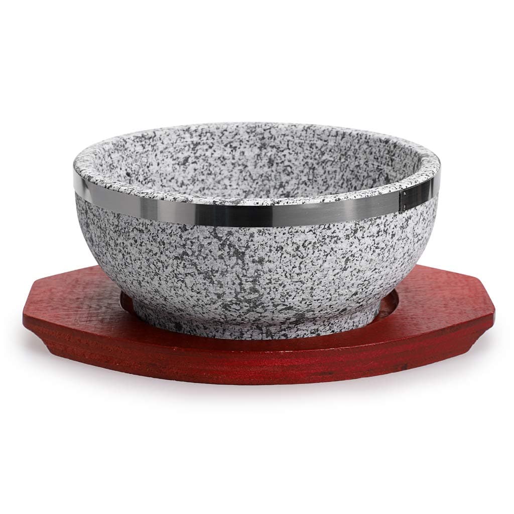 Dolsot Bibimbap Bowl 32 Oz, Granite Stone Bowl with Wood Base, Dolsot Pot for Korean Soup, Rice and Stew