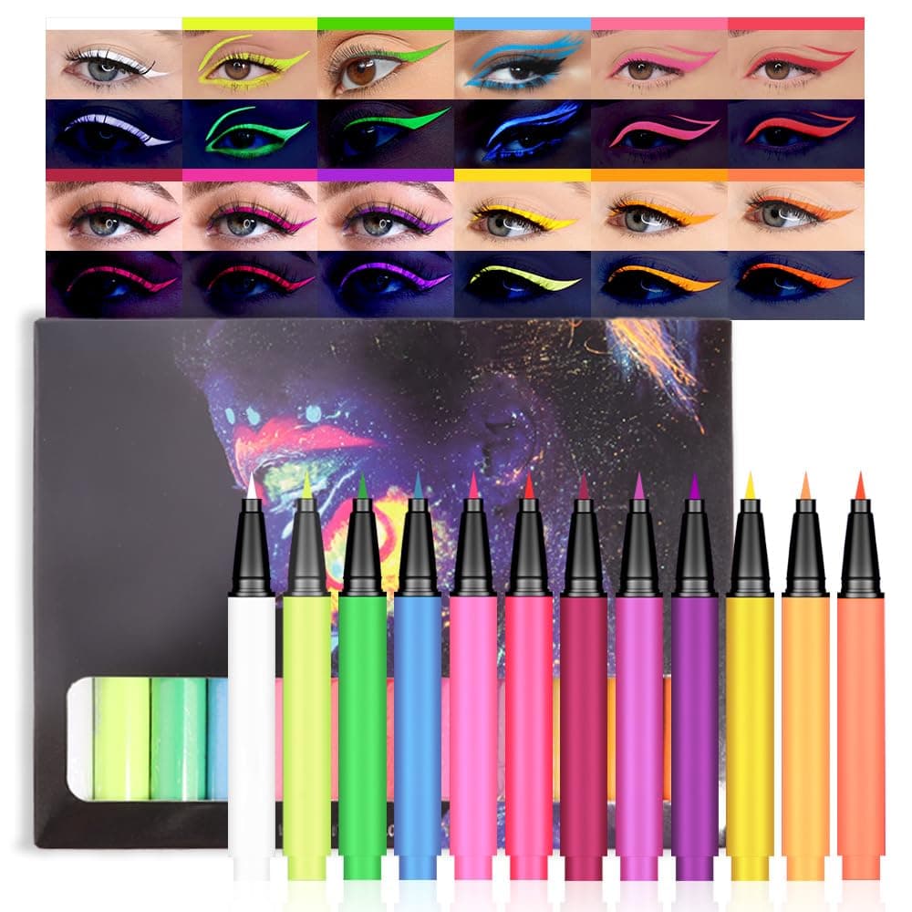 evpct12Pcs Colorful UV Neon Liquid Eyeliner Pencil Pen Set, Rainbow Halloween Matte Colored Eyeliners Pencil Glow in Dark, Waterproof Long Lasting Eyeliner Pigmented Delineador ojos líquido de neón