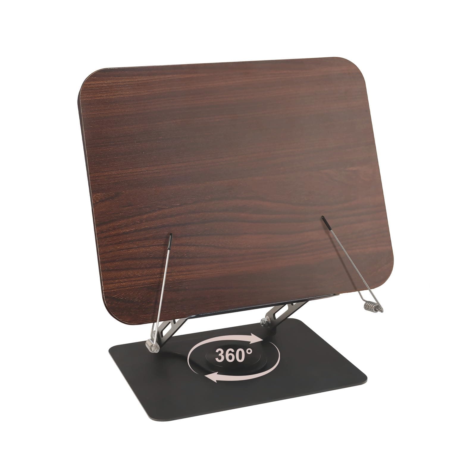 Book Stand for Reading, Height Adjustable, Foldable Wood Cookbook Holder, with 360° Swivel Base and 90° Swivel Page Clips, for Music Scores, Magazines, Book, Laptop, Wooden