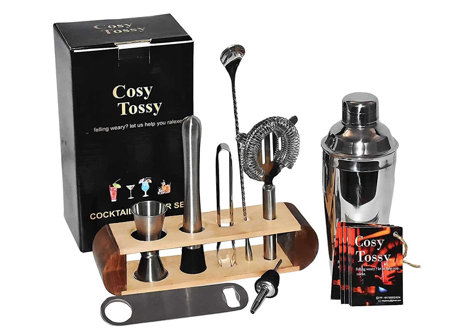cosy tossy Bartender Kit: 10-Piece Bar Tool Set with Stylish Bamboo Stand | Perfect Home Bartending Kit and Martini Cocktail Shaker Set for an Awesome Drink Mixing Black