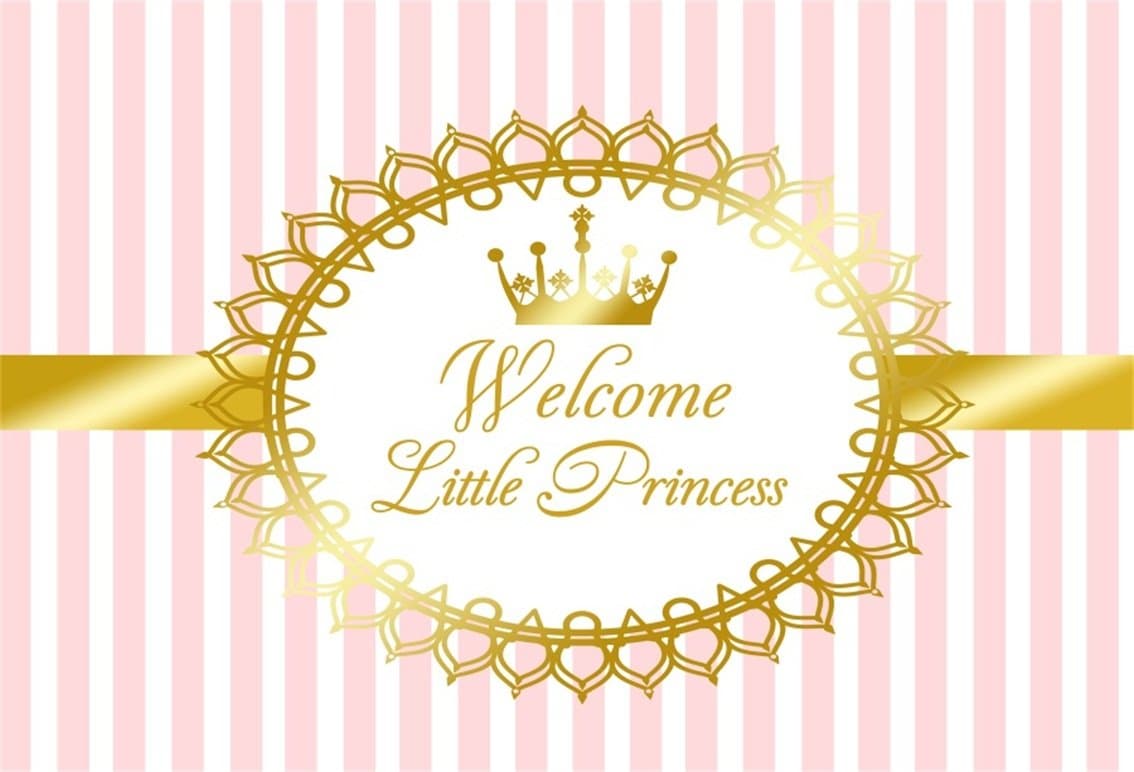 CSFOTO 5x3ft Background for Welcome Little Princess Birthday Party Decor Photography Backdrop Golden Frame Crown Pink and White Strips Girl Baby Shower Kid Newborn Photo Studio Props Wallpaper