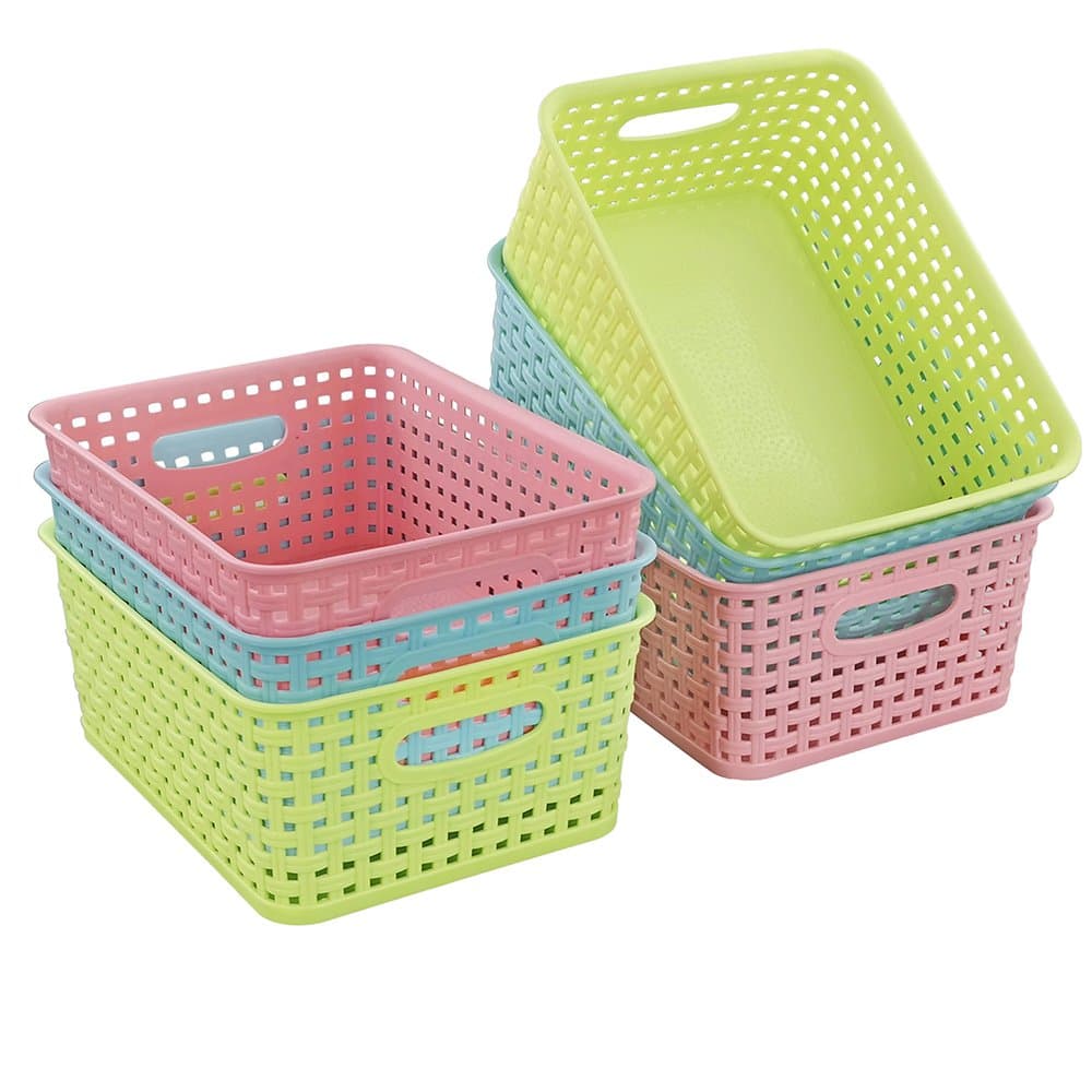 Small Colored Storage Basket, Plastic Weave Basket Set of 6