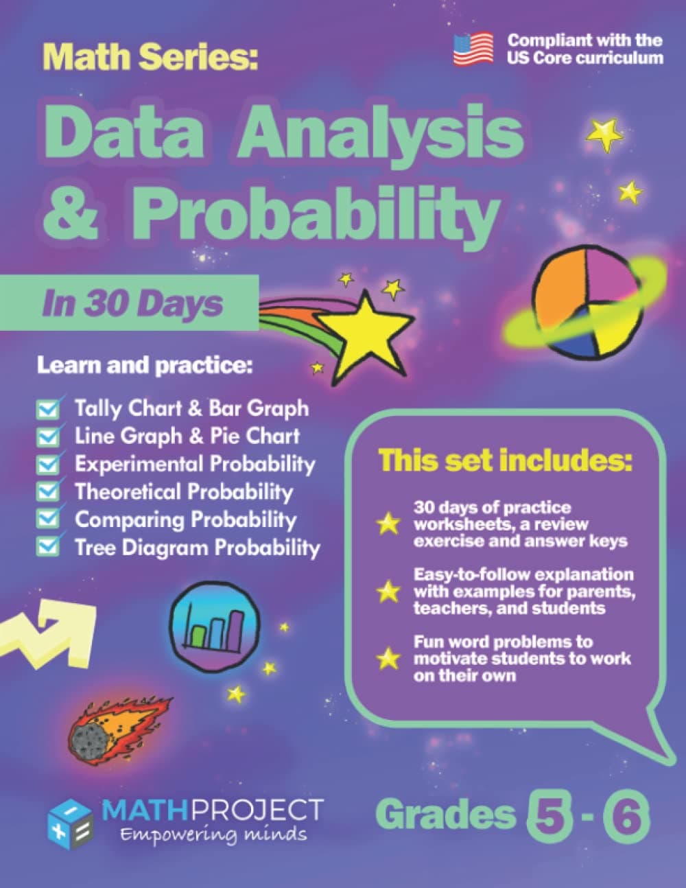 Data Analysis and Probability (US Core Curriculum): Tally Chart | Bar Graph | Line Graph | Pie Chart | Probability | Tree Diagram: For Grades 5-6 OR ages 10-12 Paperback – 17 December 2021