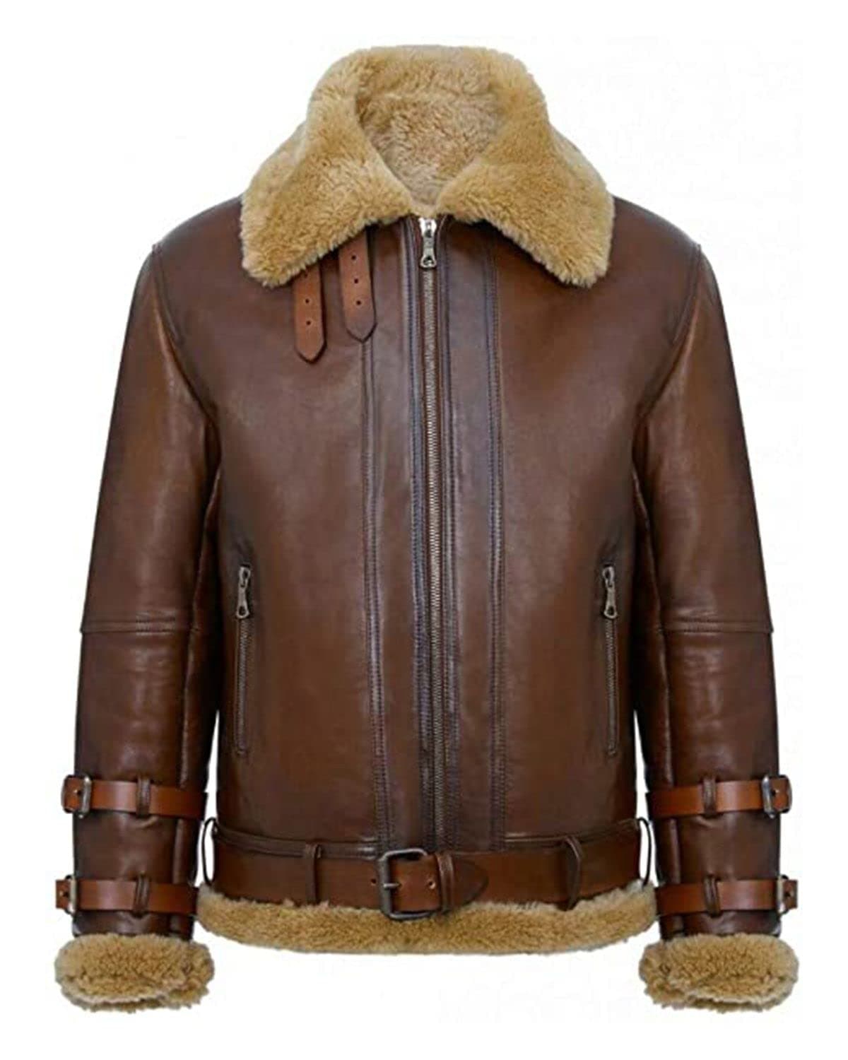 American StyleRAF B3 Flying Aviator Men's Bomber Jacket (Brown) - Genuine Sheepskin Winter Leather Jacket, Fur Collar, Soft Faux Fur Lining with Four Pockets with, brown, L