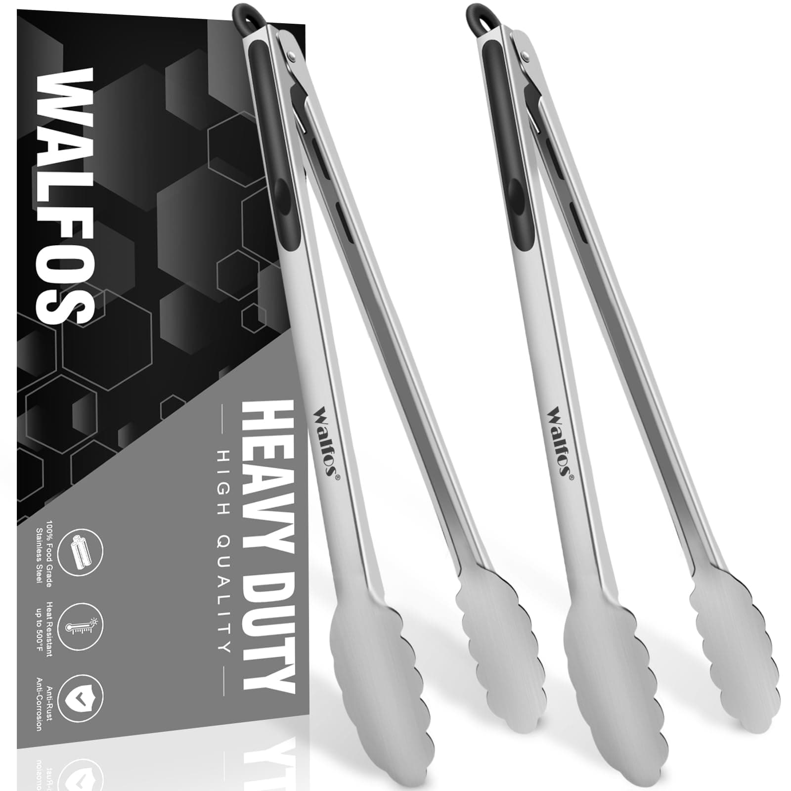 Walfos 17 Inch Extra Long Grill Tongs Set of 2, Ultimate Stainless Steel Tongs for Grilling, Cooking, BBQ/Barbecue, Buffet and Turning Food