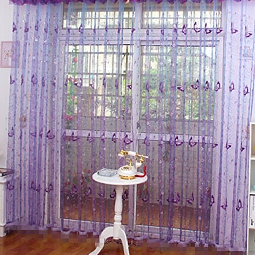 LQF Window Treatments Butterfly Voile Embroidered Sheer Curtain Panel, Tulle Voile Door Window ROM Curtain Drape Panel Sheer Scarf Valances for Girls Room, Purple, W40 x L63 inch (1 Panel)