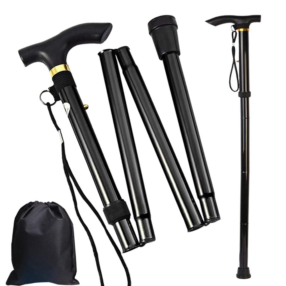 Folding Cane, Trekking Poles for Men, Women, Portable Walking Stick, Walking Cane with T Handle Adjustable,Collapsible,Lightweight,Quick Locks,Anti Shock, Rubber Base for Hiking Camping