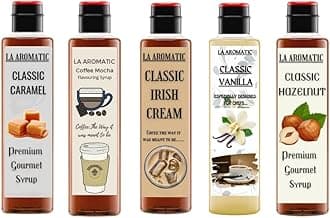 La Aromatic All Exotic Coffee Syrups Combo of 5 flavours (Hazelnut,Virgin Vanilla,Irish Cream,Caramel,Coffee Mocha)-100ml Each/Perfect for Travel Kit bag/Coffee and Shakes Syrups