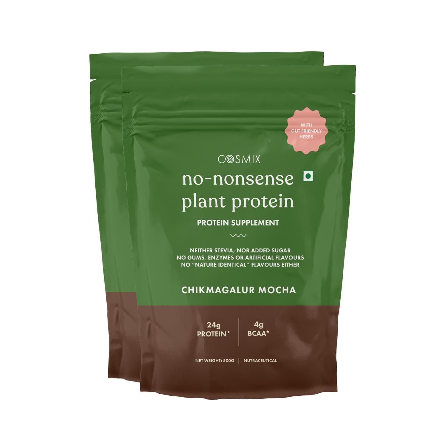 Cosmix No Nonsense Plant Protein | Pea & Rice Isolate | Vegan | 24g Protein/Serving | Easy To Digest | All Essential Amino Acids - 1 kg Coffee + Chocolate- Chikmagalur Mocha - 500g(Pack of 2)
