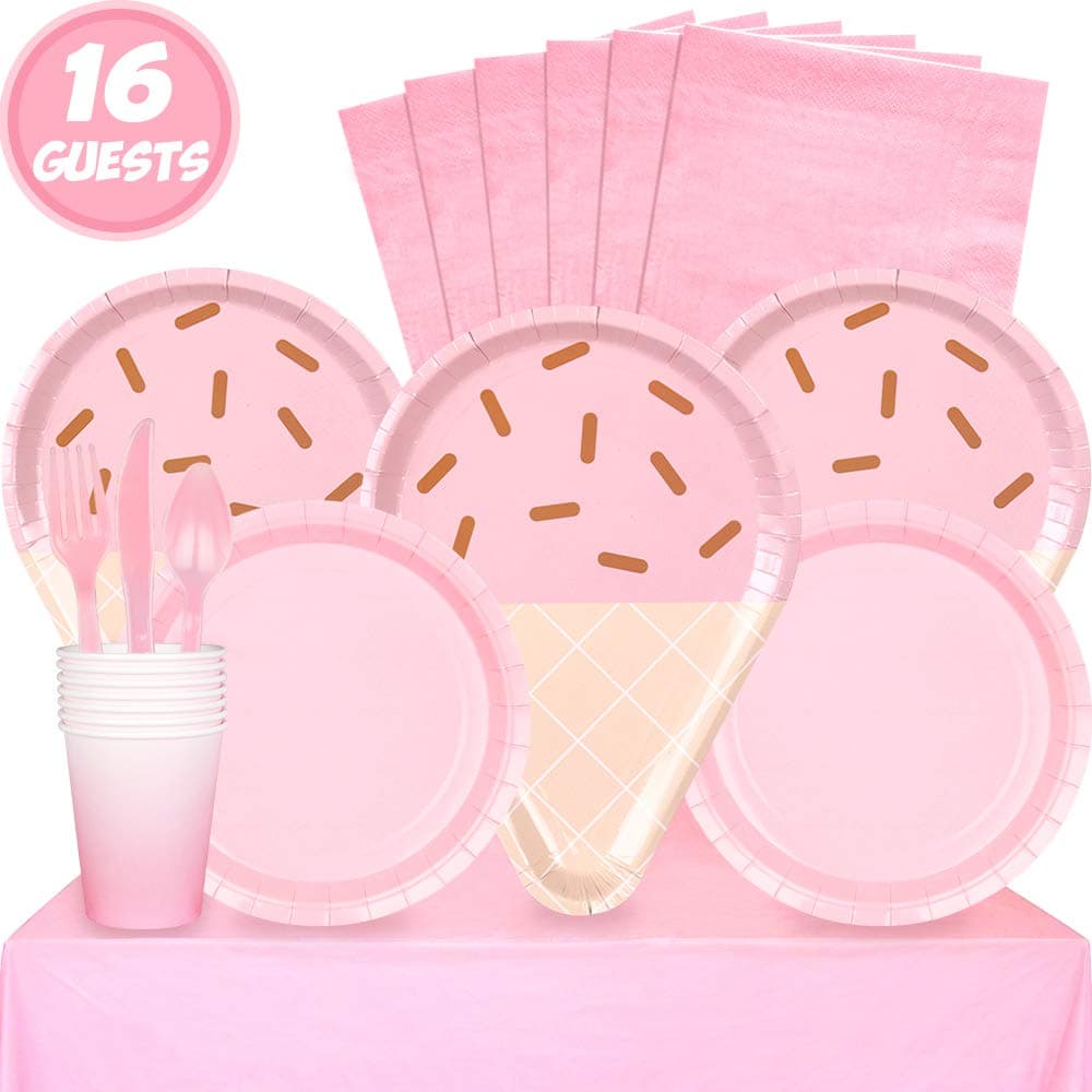 Partybus Party Supplies Set - Serves 16, 118 Ct, Pink Ice Cream Theme Disposable Party Tableware Kit for Boys Girls Kids Birthday Decorations, Includes Dinner Plates, Dessert Plates, Napkins, Cups, Table Cloth, Silverware