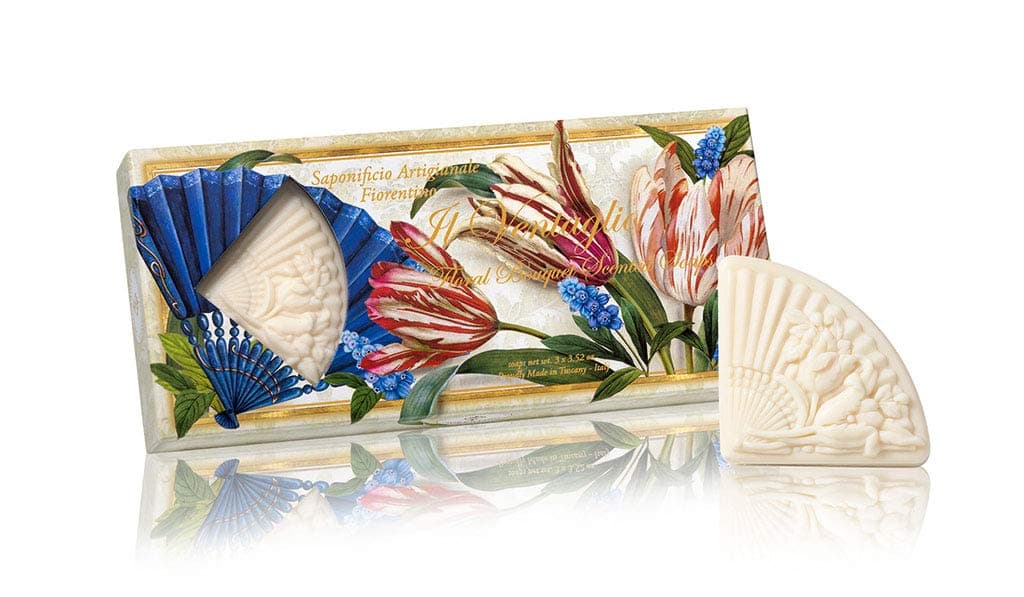 Ventaglio, designer natural soap with an inspiring scent of flowers, fan-shaped soaps sculpted with bouquet of flowers, gift box with three soap bars, 3 x 3.52 oz.